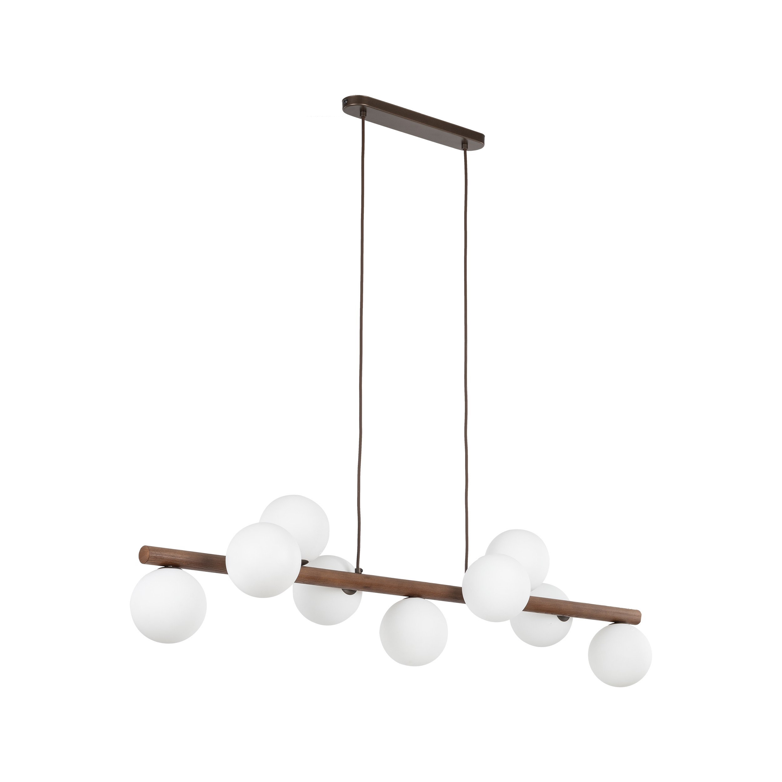 Lampa wisząca ESTERA ciemny orzech drewniana na listwie z białymi okrągłymi szklanymi kloszami 125x117x25cm - TK_10273
