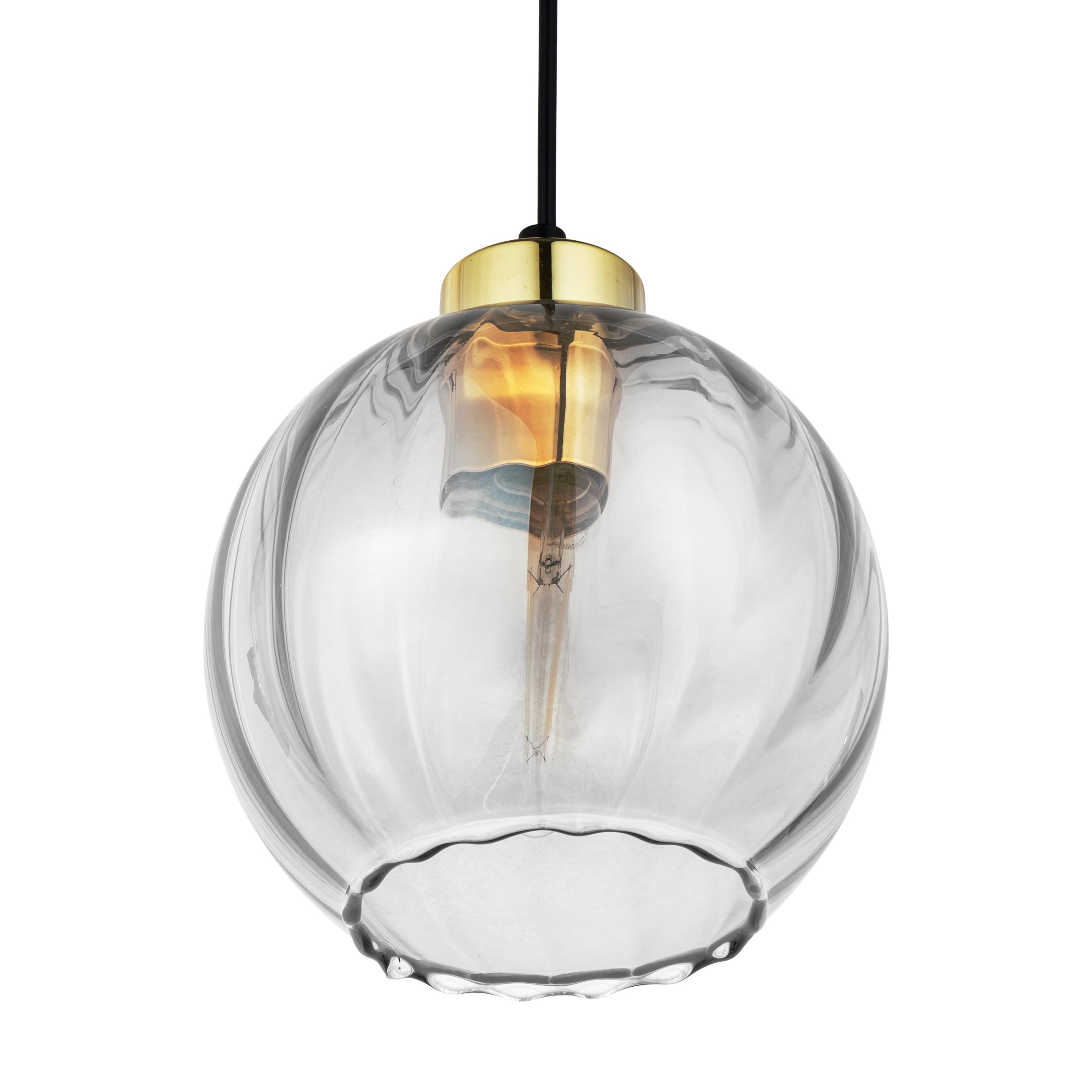 Lampa wisząca DEVI na czarnej podstawie i przewodzie ze złotymi elementami klosz szklany okrągły transparentny przyciemniany 165x18cm - TK_4646