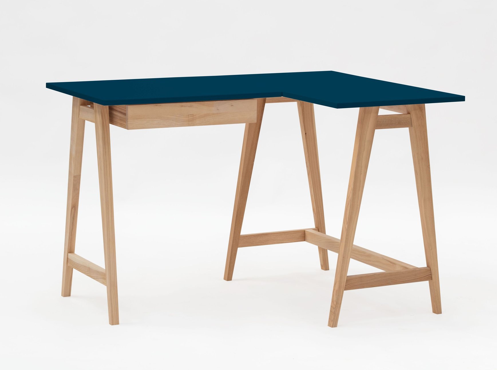Biurko jesionowe narożne LUKA Prawe z szufladą 115cm x 85cm ciemnoniebieskie kolor nóg naturalny