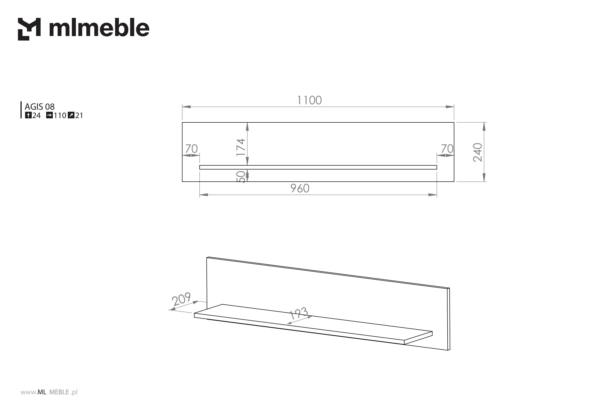 Półka wisząca AGIS 08 dąb castello 110cm ML Meble - 1AGIS08-001