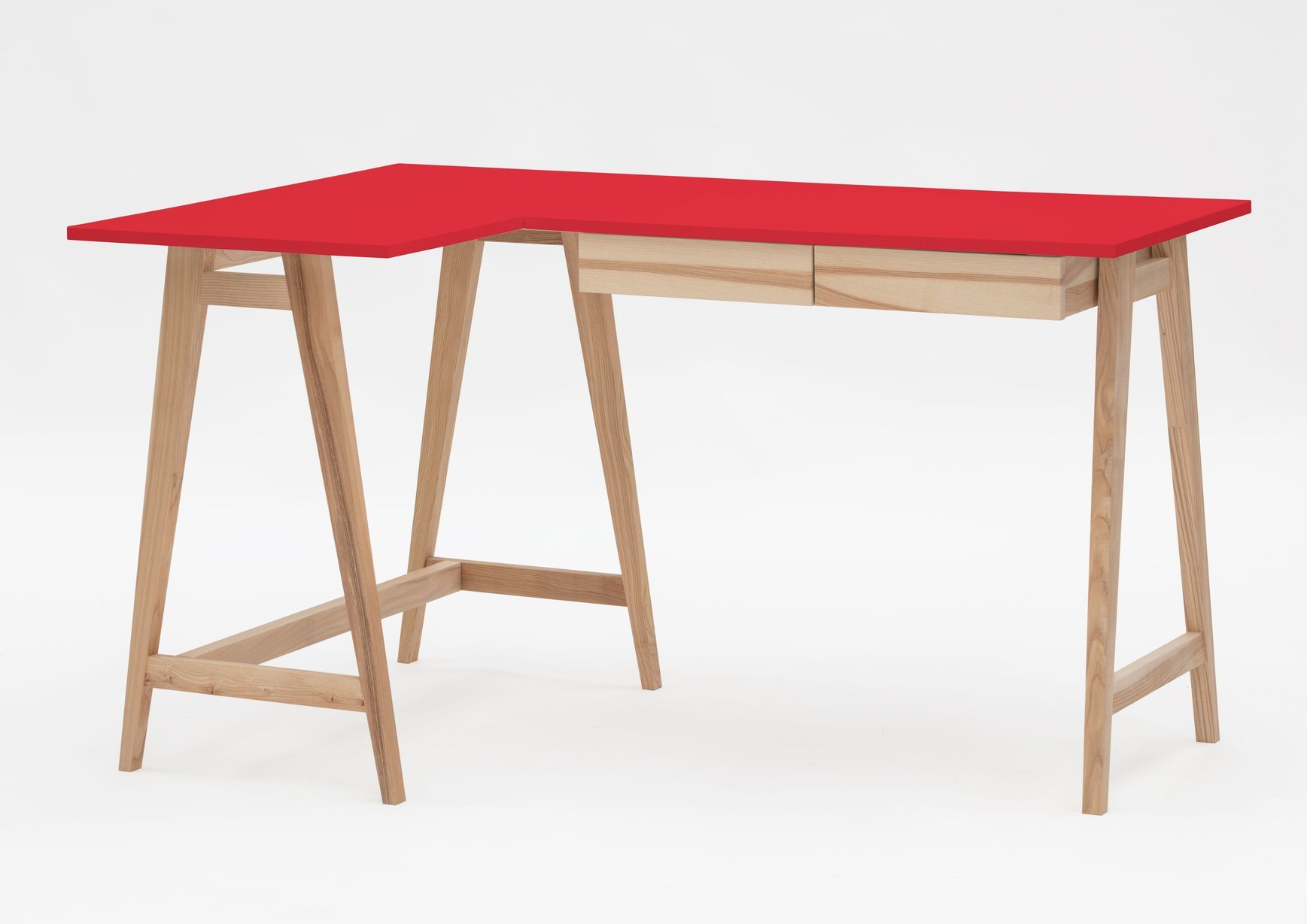 Biurko narożne jesionowe LUKA Lewe z 2 szufladami 135cm x 85cm czerwone kolor nóg naturalny