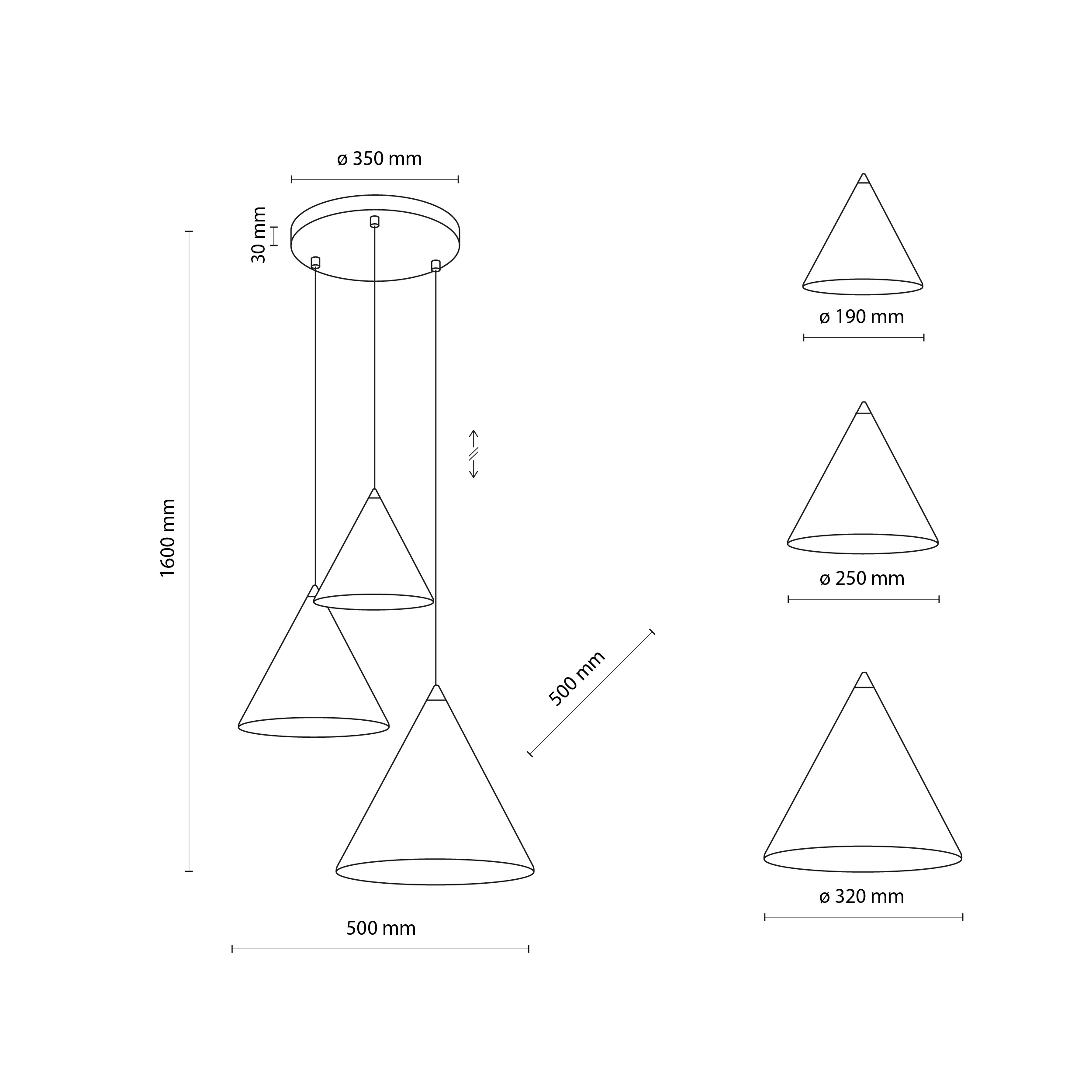 Lampa wisząca CONO MIX czarna z różnokolorowymi beżowym ceglanym czarnym kloszami o różnych wymiarach 160x50cm - TK_6633