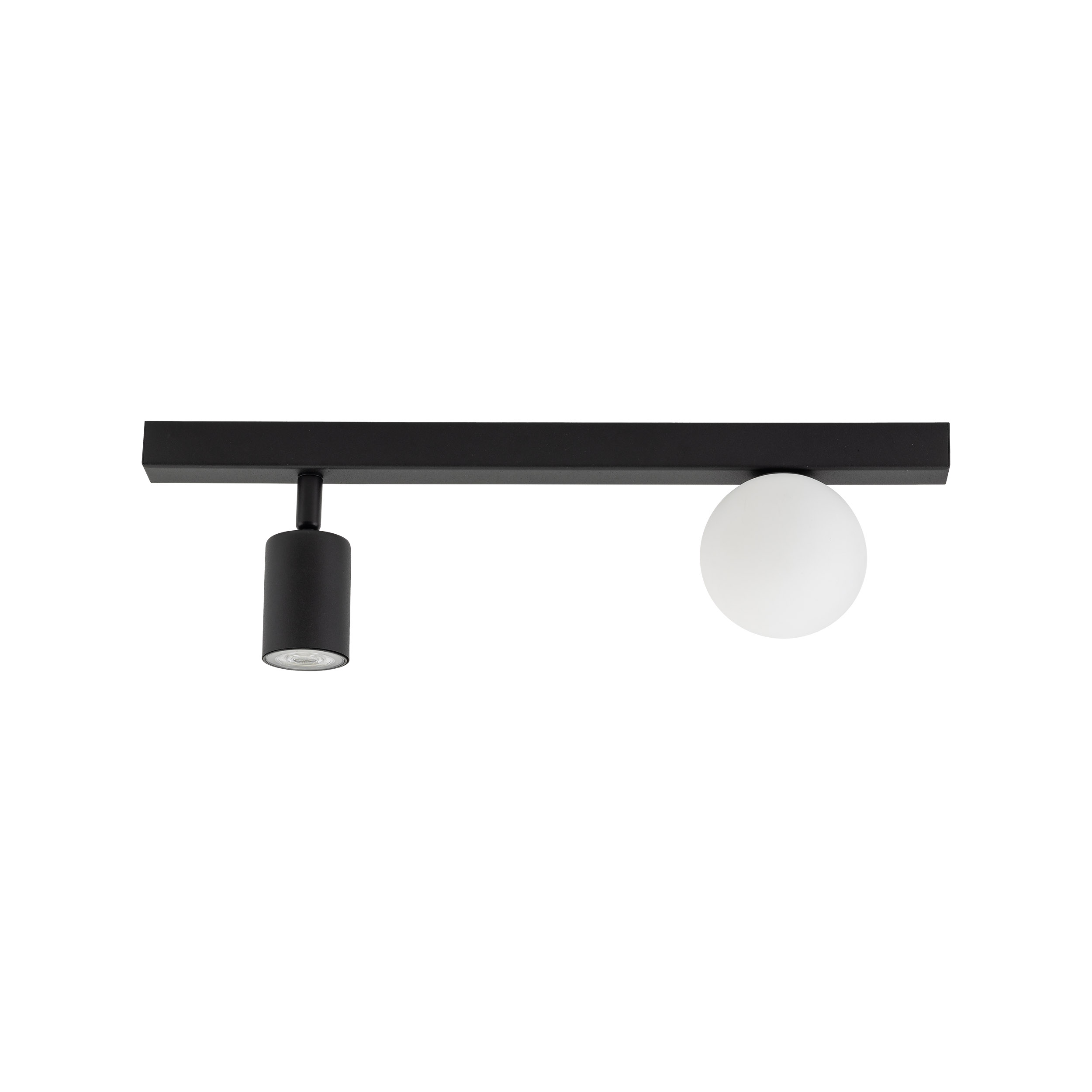 Lampa sufitowa VOX czarna na metalowej listwie z białym okrągłym szklanym kloszem i regulowanym reflektorem 49x15x14cm - TK_10000