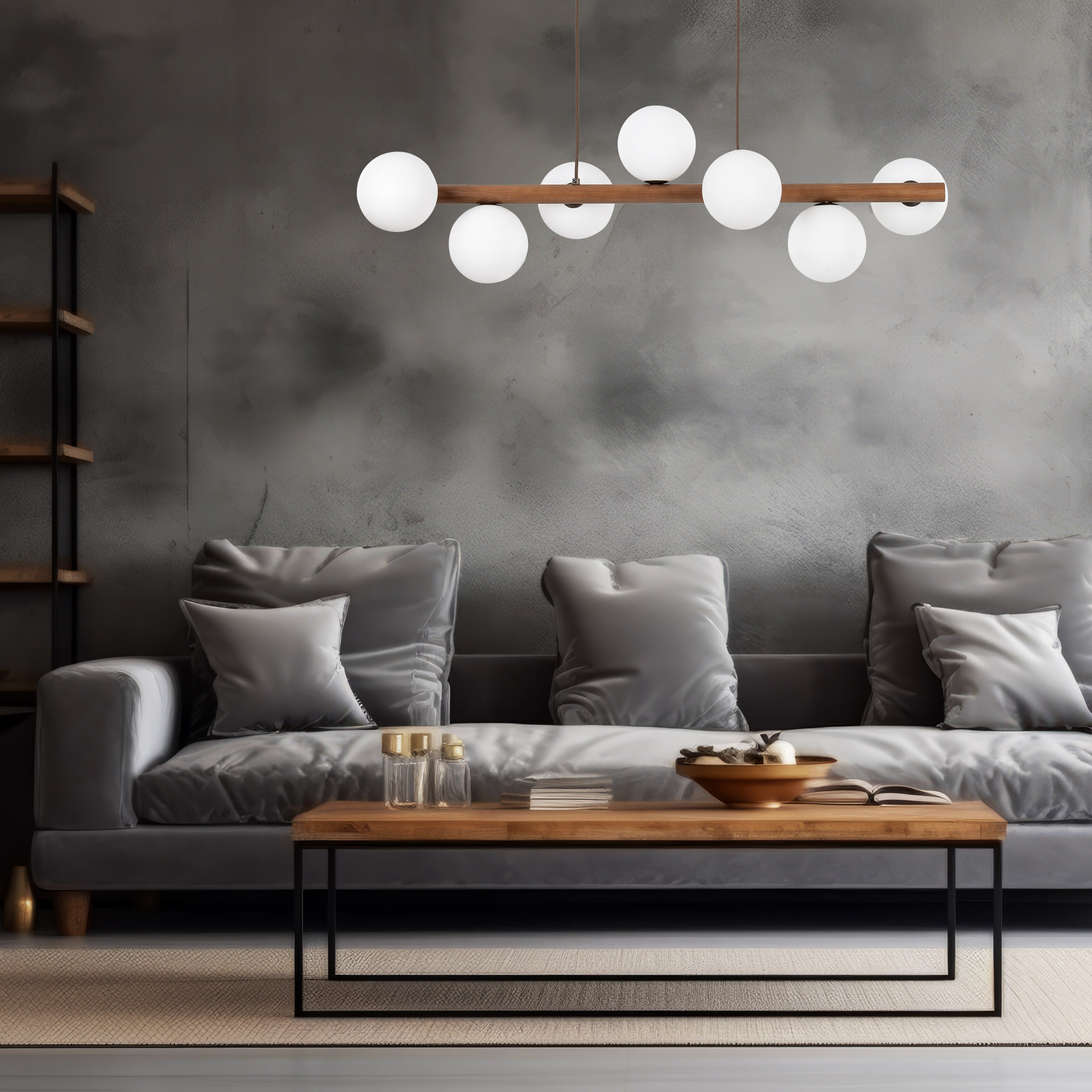 Lampa wisząca ESTERA czarna z drewnianą orzechową poprzeczką białe szklane okrągłe klosze 125x90x28cm - TK_10272