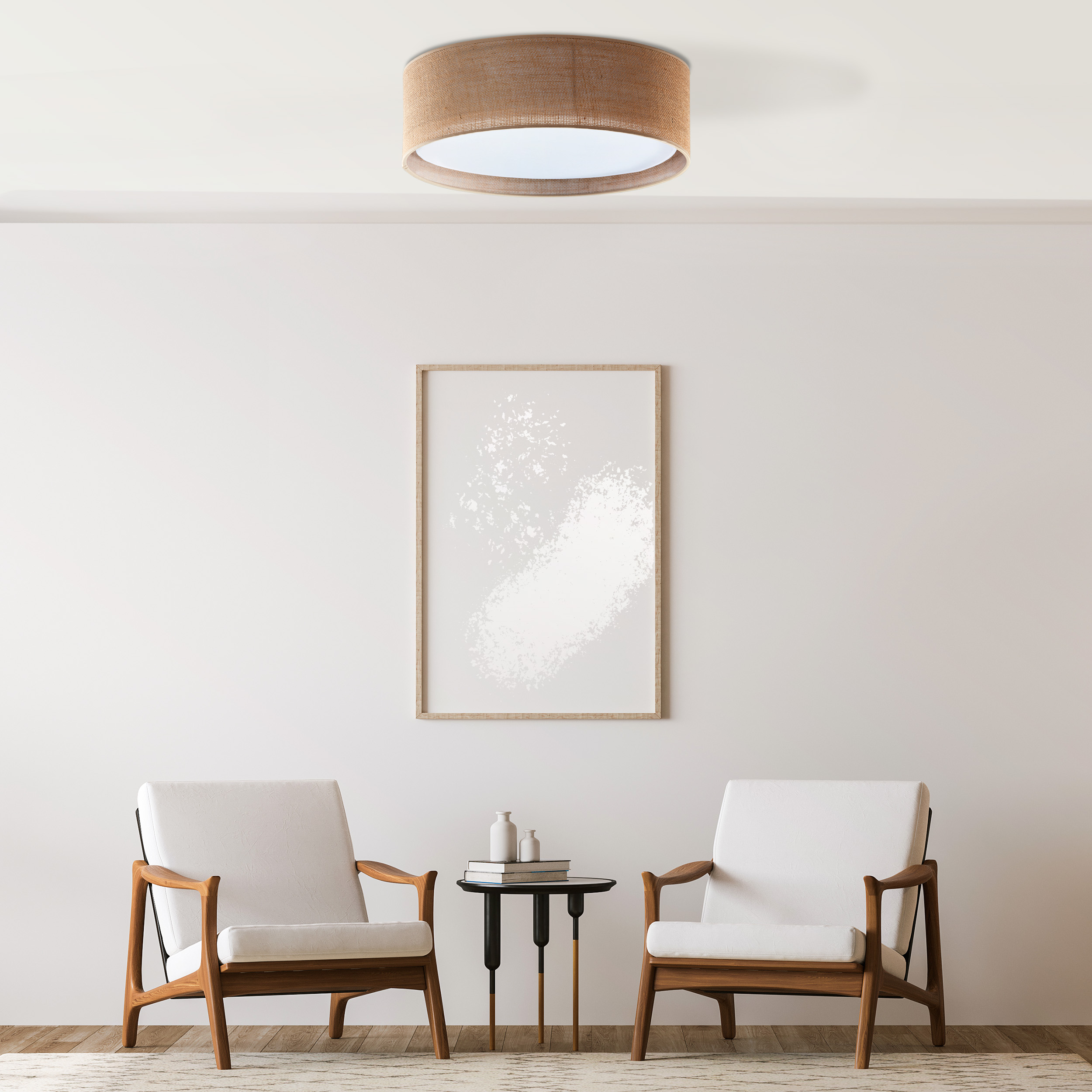 Plafon JUTA brązowy z tkaniny z białym kloszem okrągły 60x17cm - TK_6584