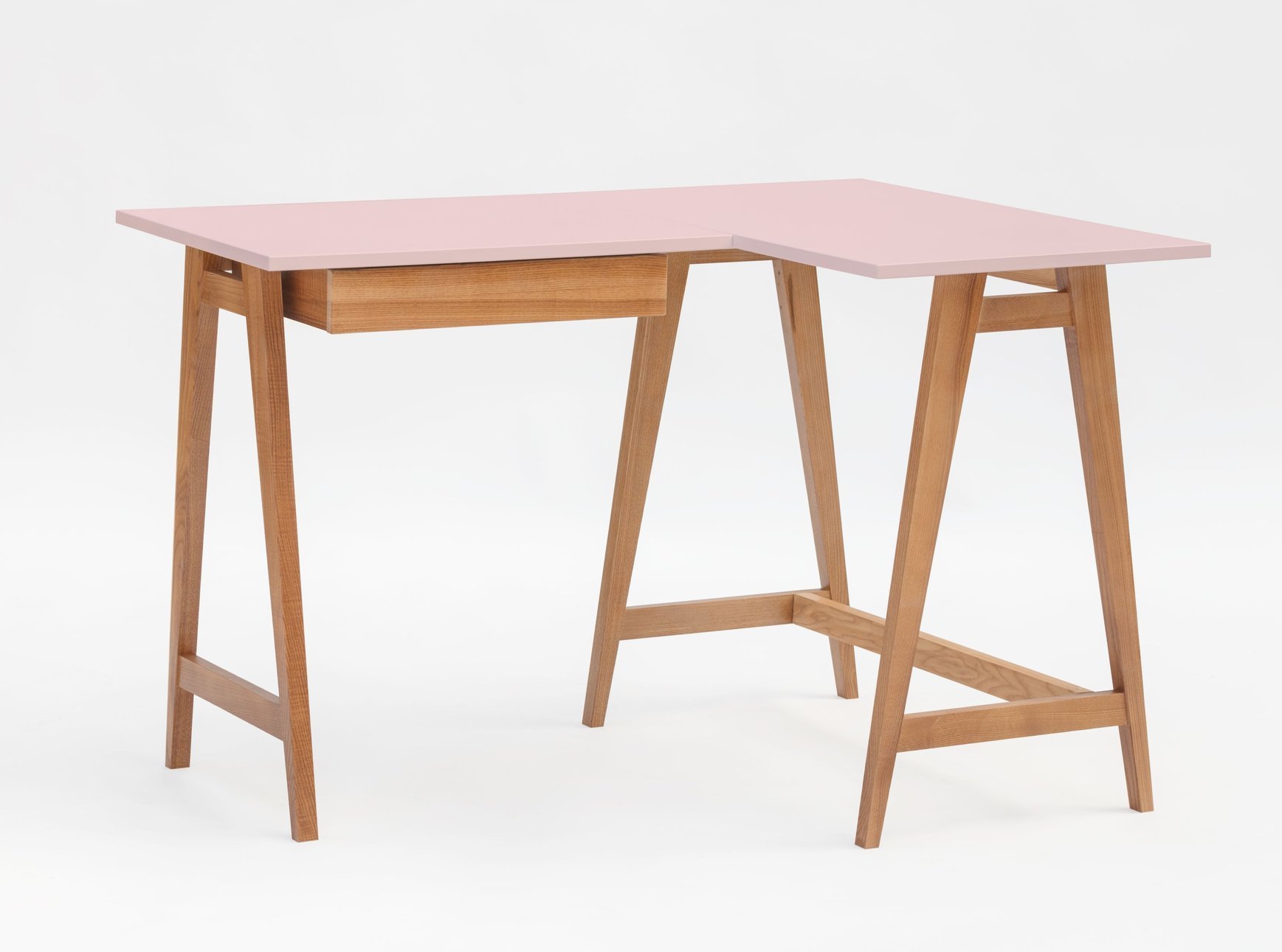 Biurko narożne jesionowe LUKA Prawe z szufladą 115cm x 85cm różowe kolor nóg dąb