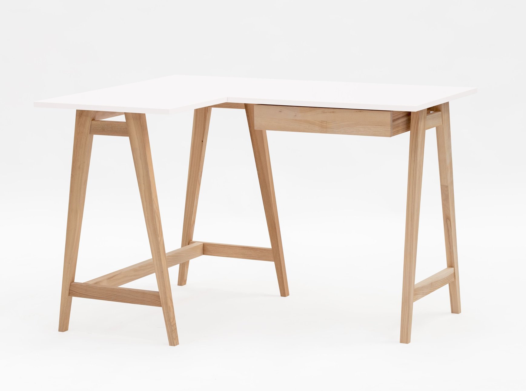 Biurko jesionowe narożne LUKA Lewe z szufladą 115cm x 85cm białe kolor nóg naturalny