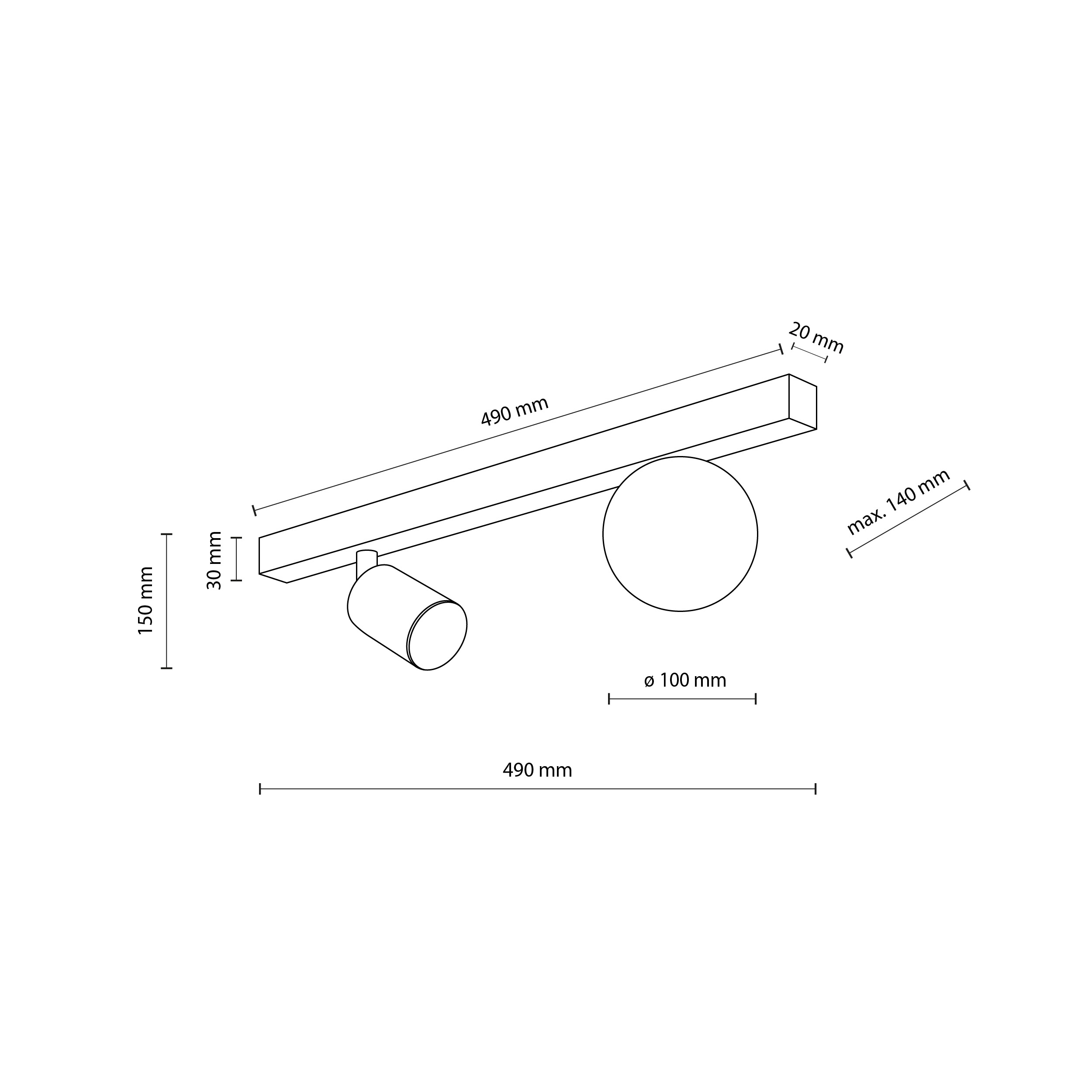 Lampa sufitowa VOX czarna na metalowej listwie z białym okrągłym szklanym kloszem i regulowanym reflektorem 49x15x14cm - TK_10000