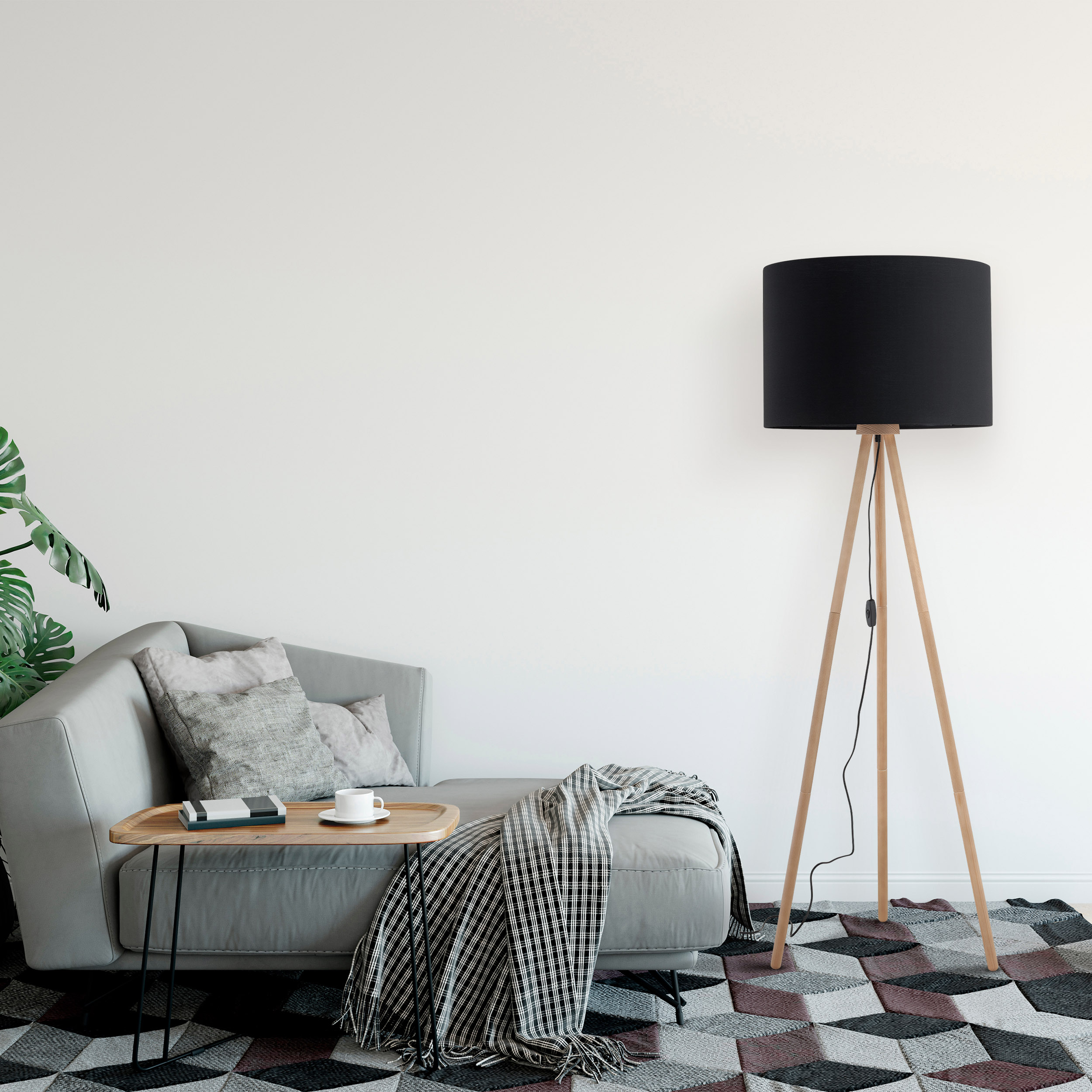 Lampa podłogowa TOKYO czarny okrągły abażur sosnowe postarzane drewniane nogi 148x63cm - TK_5286