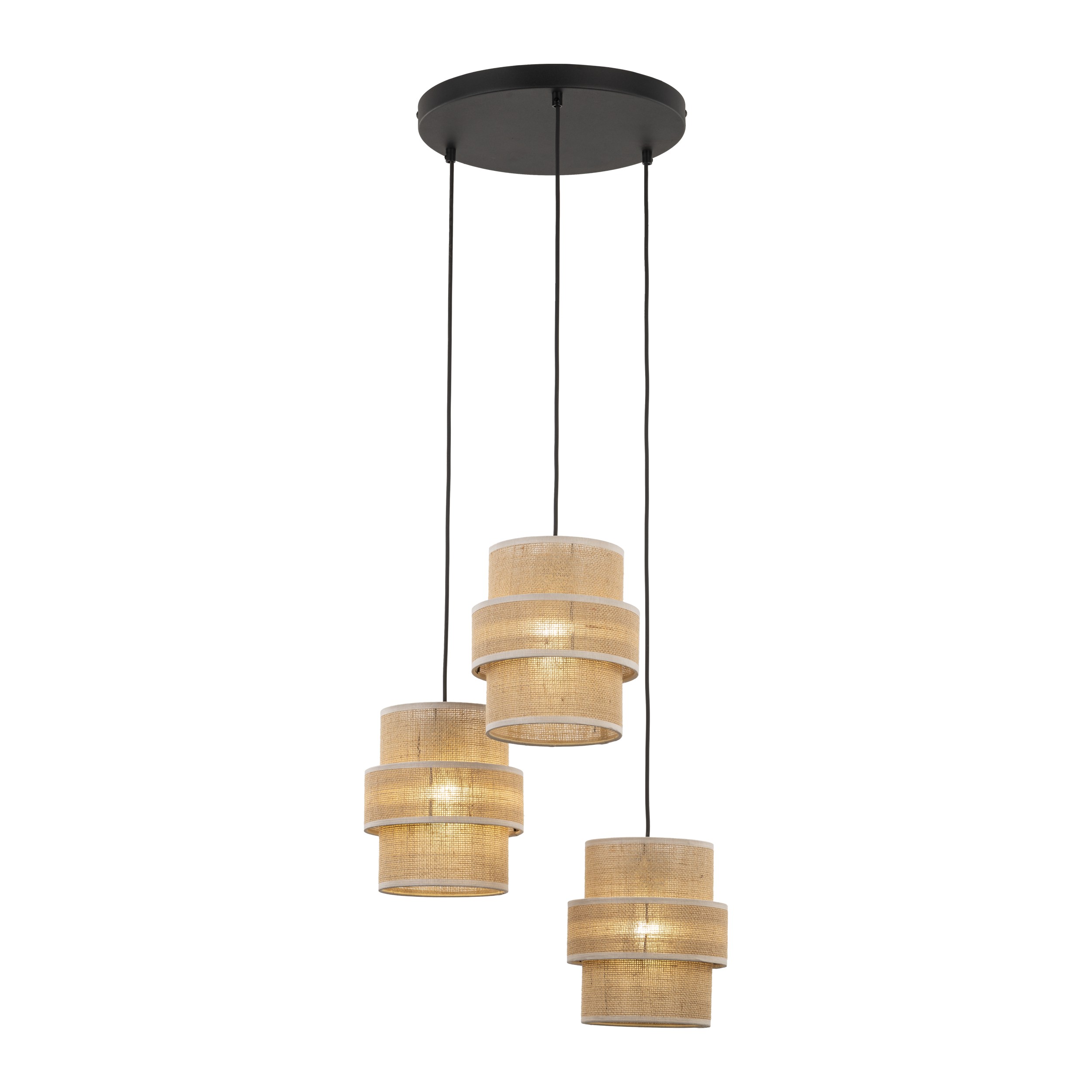 Lampa wisząca CALISTO czarna z trzema brązowymi kloszami z tkaniny juta 145x45cm - TK_6098