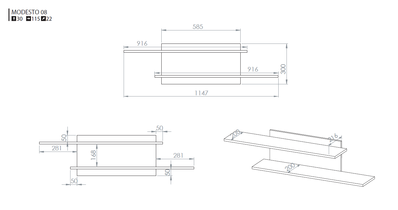 Półka dwupoziomowa 115 cm MODESTO 08 dąb stylowy- czarny - 1MODES08-001