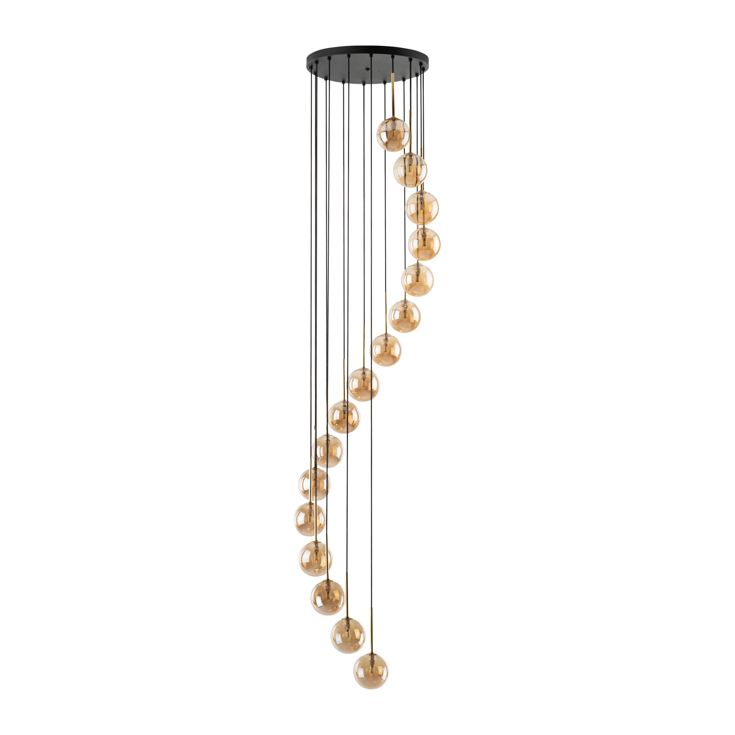 Lampa wisząca AURORA czarna ze złotymi elementami 16 bursztynowymi szklanymi kloszami 220x50cm - TK_6023