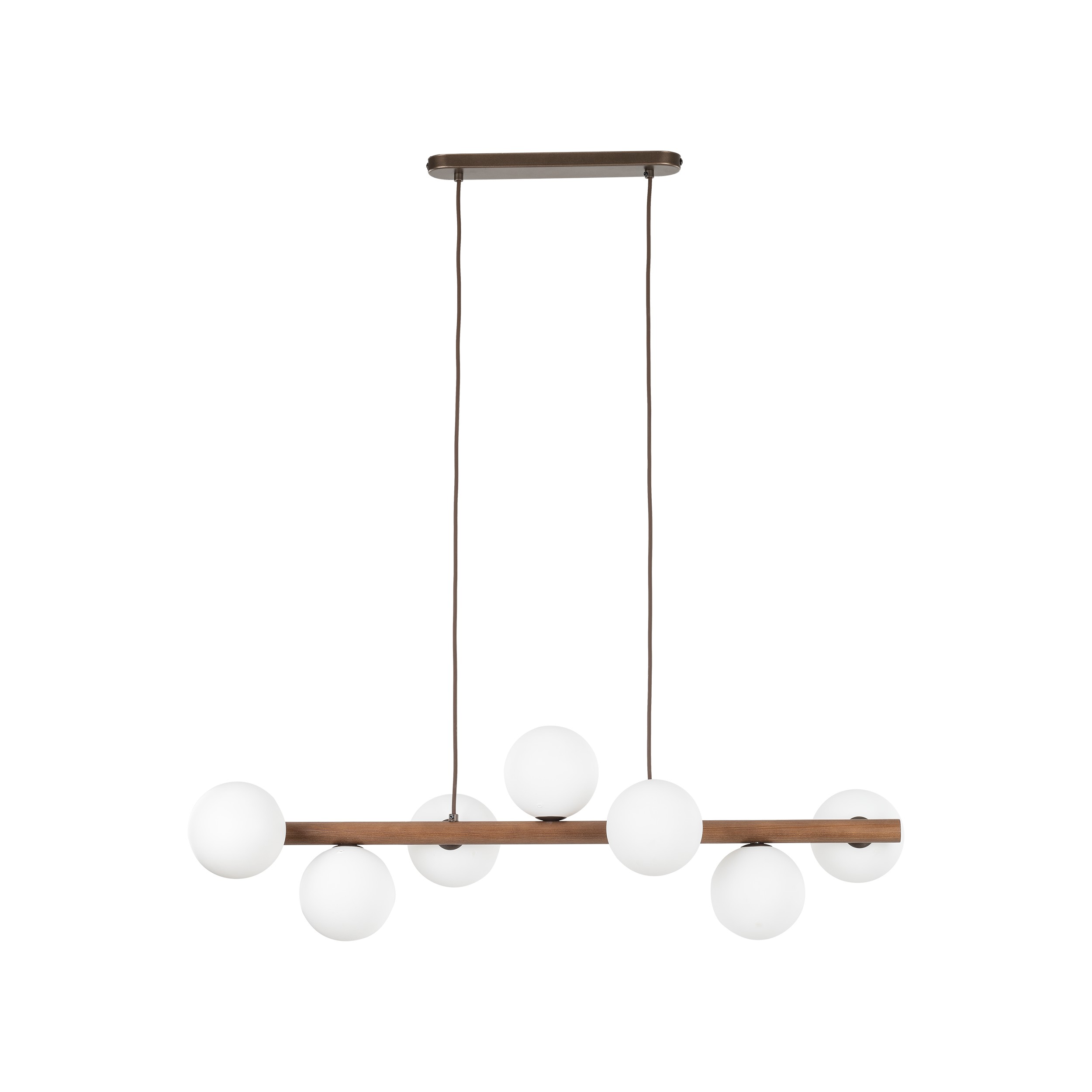 Lampa wisząca ESTERA czarna z drewnianą orzechową poprzeczką białe szklane okrągłe klosze 125x90x28cm - TK_10272