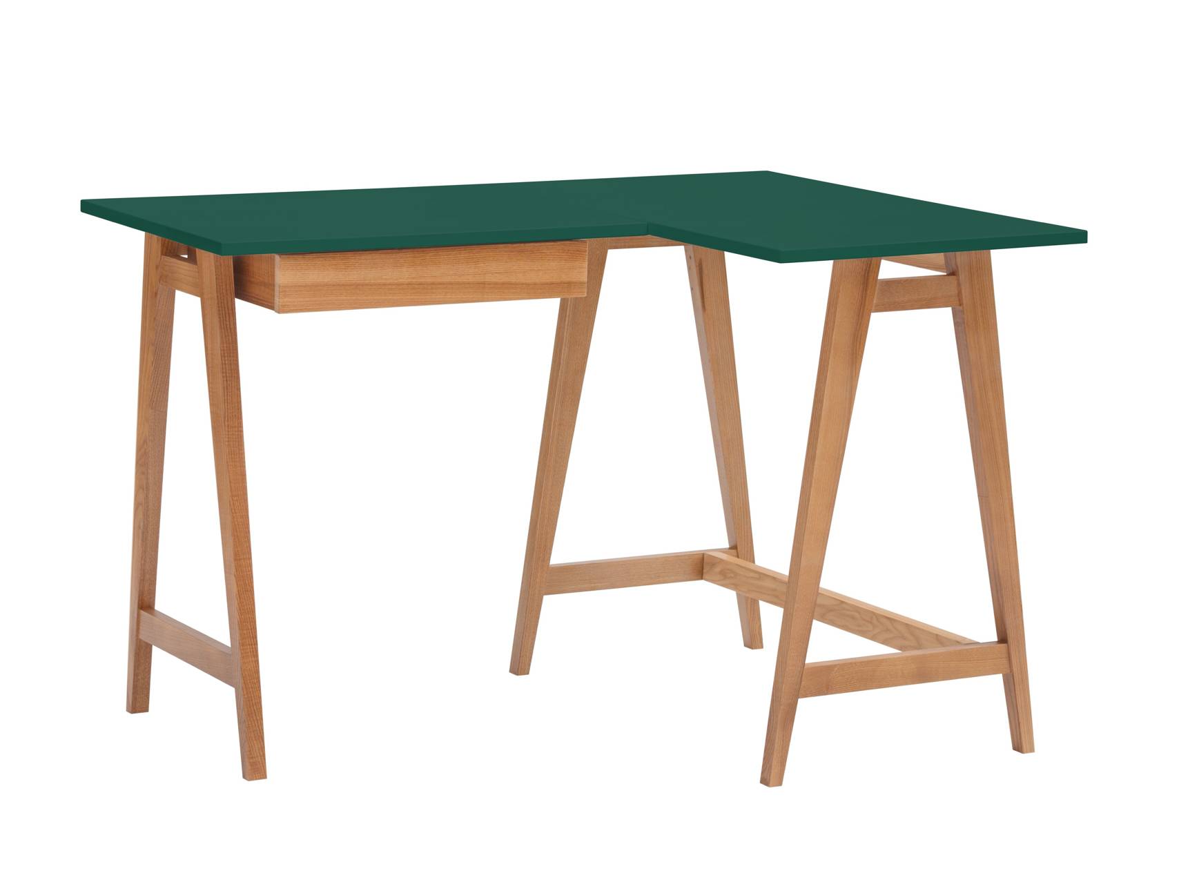 Biurko narożne jesionowe LUKA Prawe z szufladą 115cm x 85cm zielone kolor nóg dąb