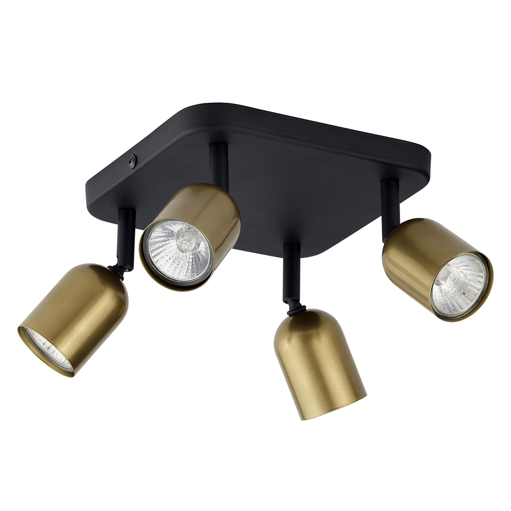 Lampa sufitowa TOP czarna ze złotymi regulowanymi reflektorami na kwadratowej podstawie 30x14cm