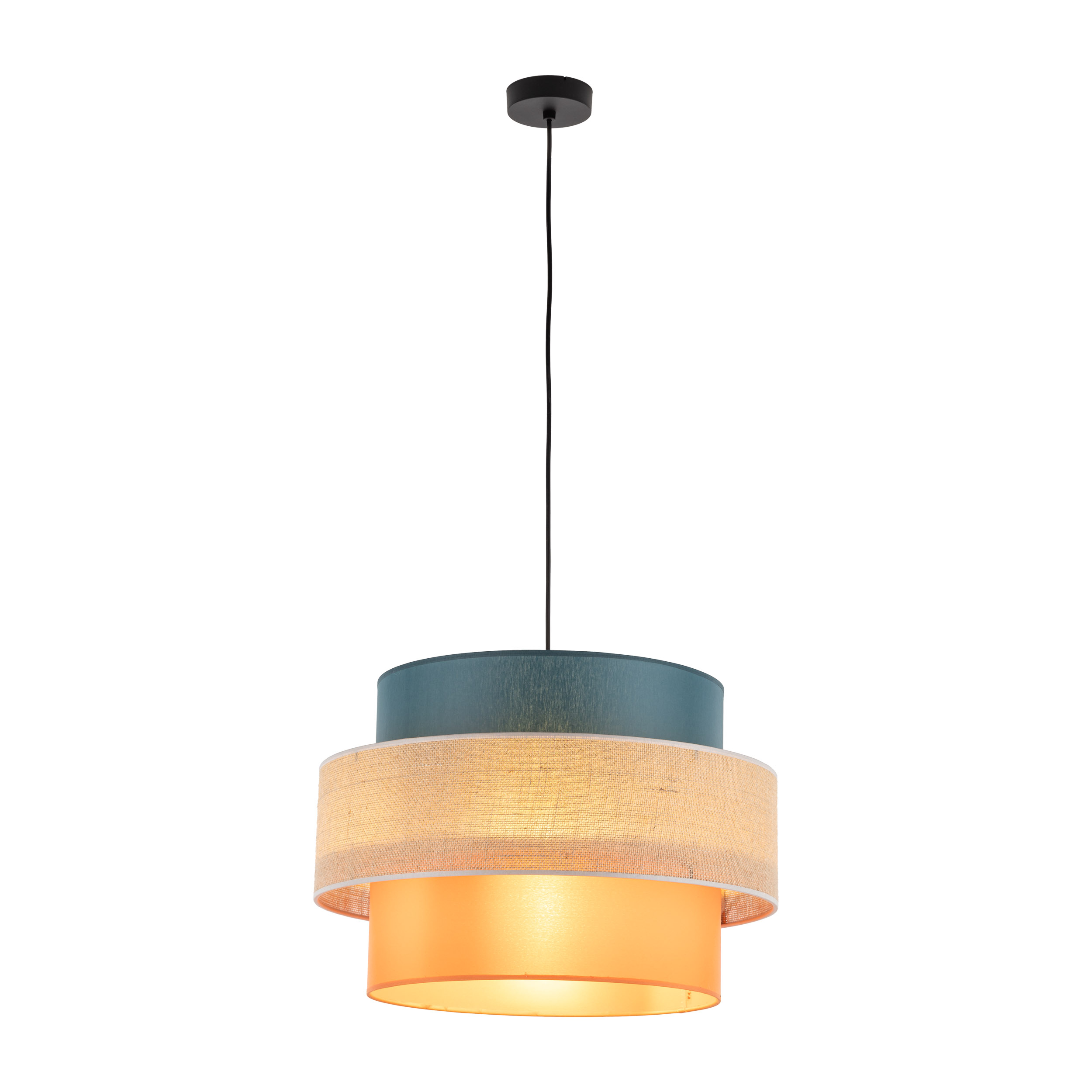 Lampa wisząca TRIO JUTA MIX czarna z trójkolorowym niebieskim pomarańczowym brązowym okrągłym abażurem 160x50cm - TK_2758