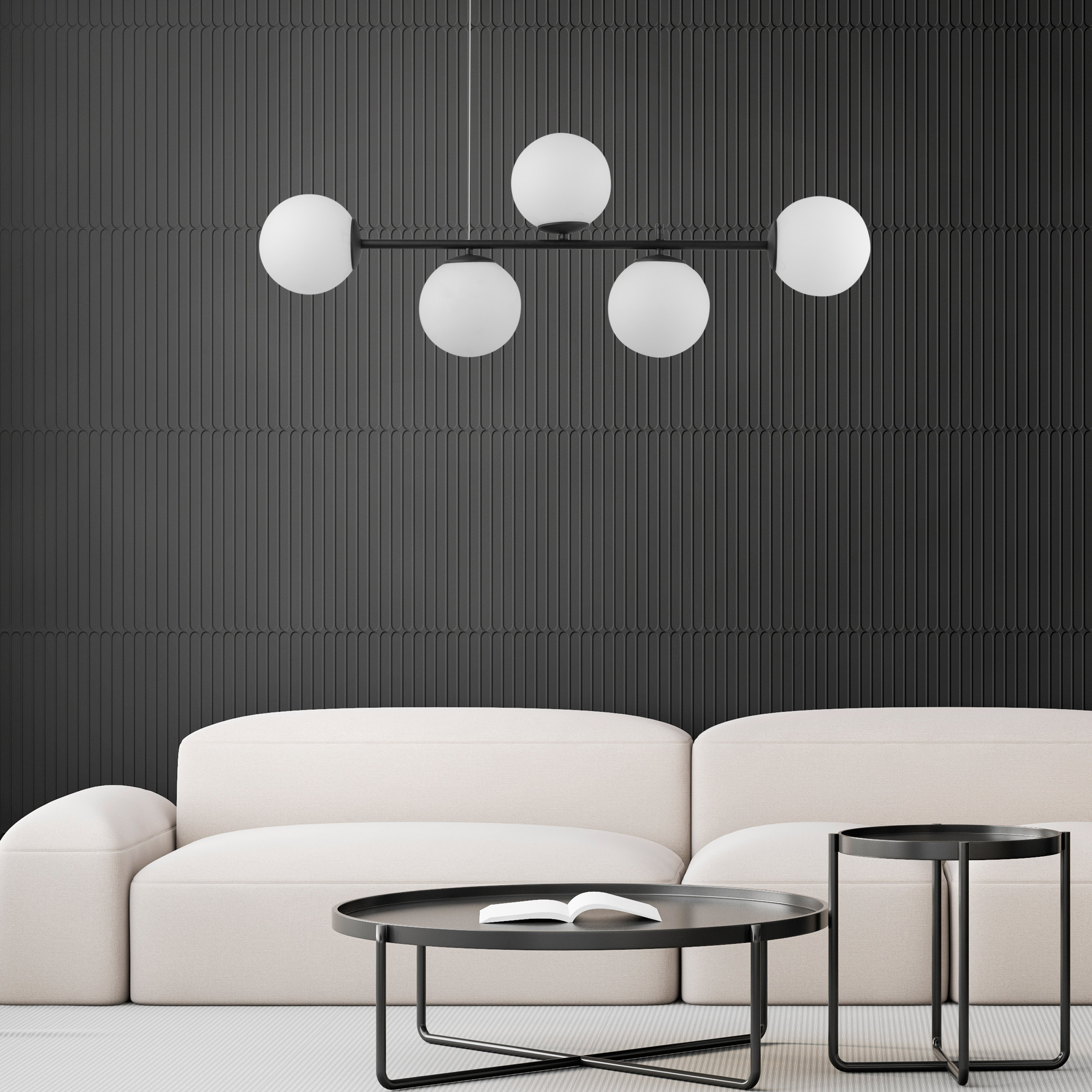 Lampa wisząca CELESTE czarna z białymi okrągłymi szklanymi kloszami 115x96x15cm - TK_6219