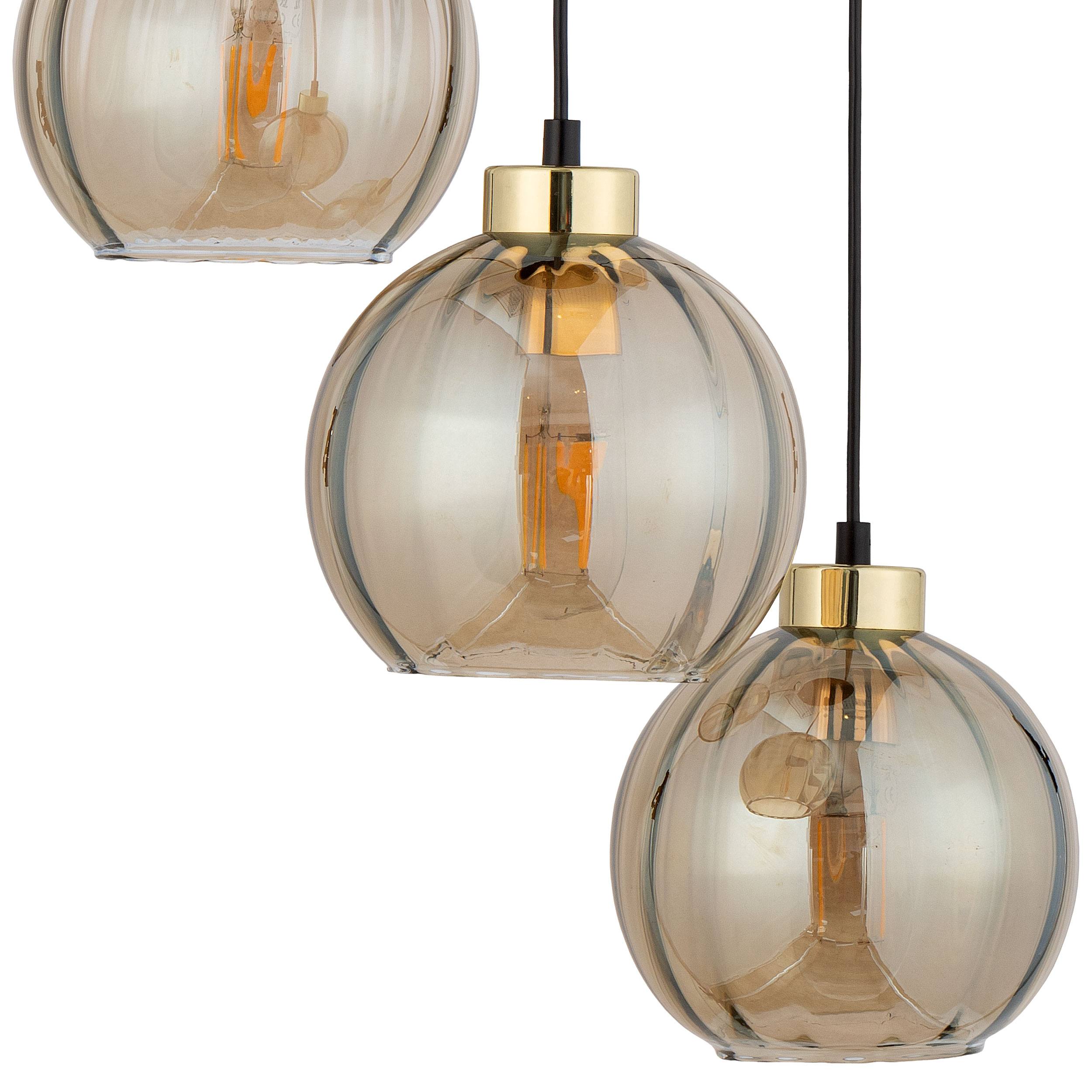 Lampa wisząca DEVI czarna ze złotymi elementami bursztynowymi szklanymi kloszami 95x37x35cm - TK_4637