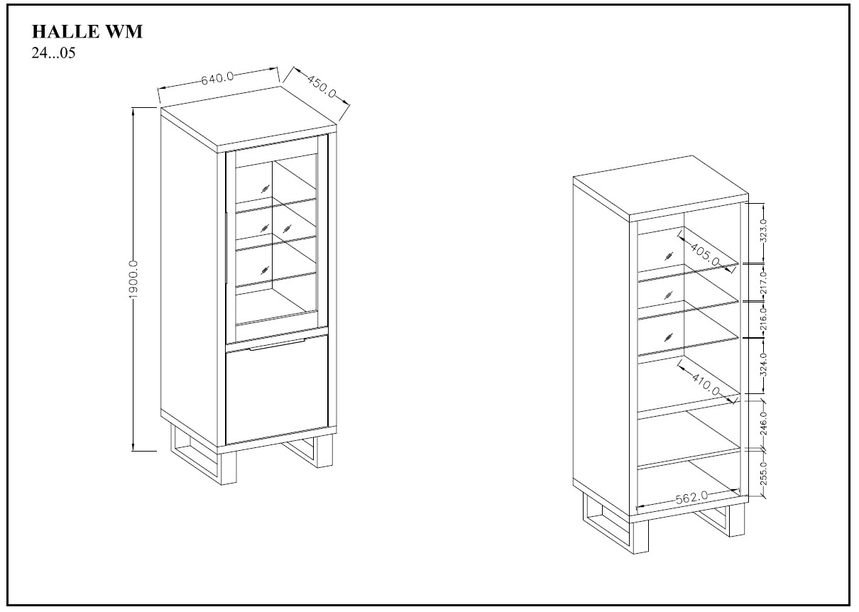 Witryna HALLE 5 dąb wotan czarne elementy 190x64x45cm - 24N0HK05