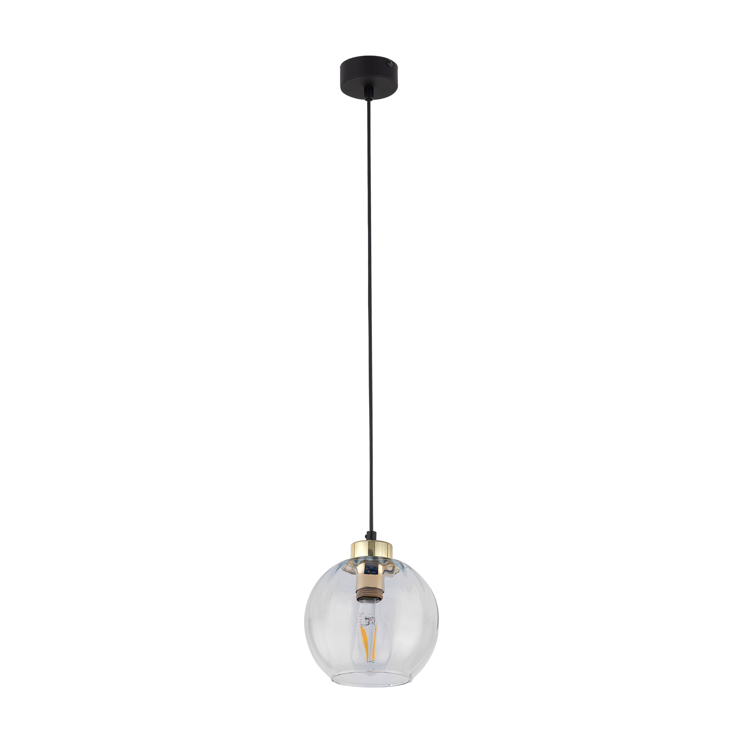 Lampa wisząca DEVI na czarnej podstawie i przewodzie ze złotymi elementami klosz szklany okrągły transparentny przyciemniany 165x18cm - TK_4646