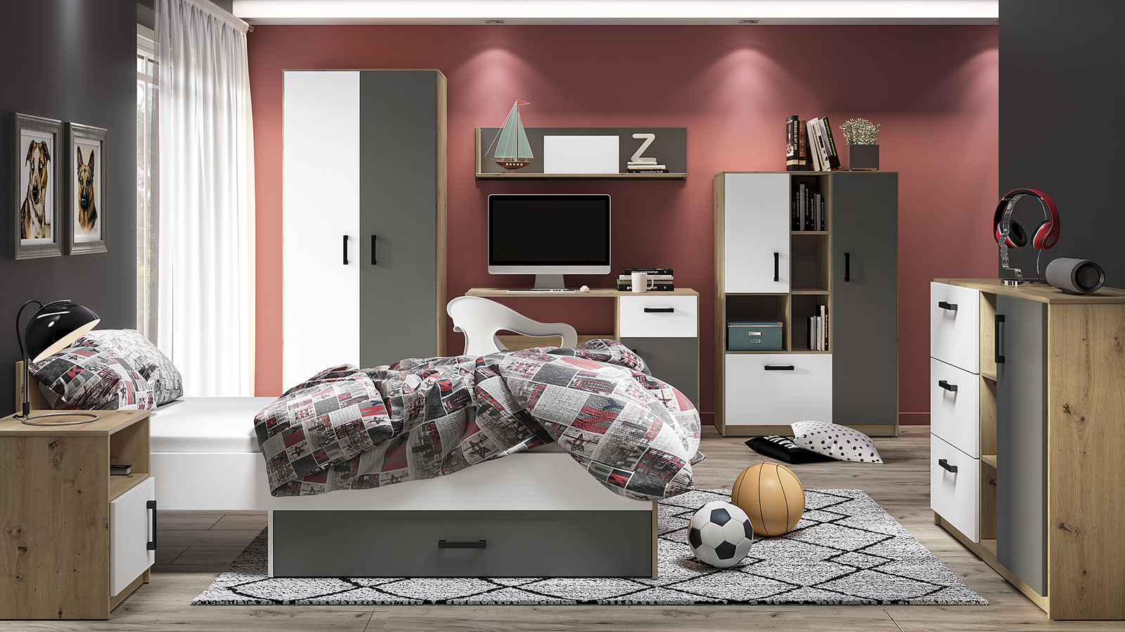 Szafa 3-drzwiowa FINI 02 biały, antracyt, dąb artisan - 1FINI02-001