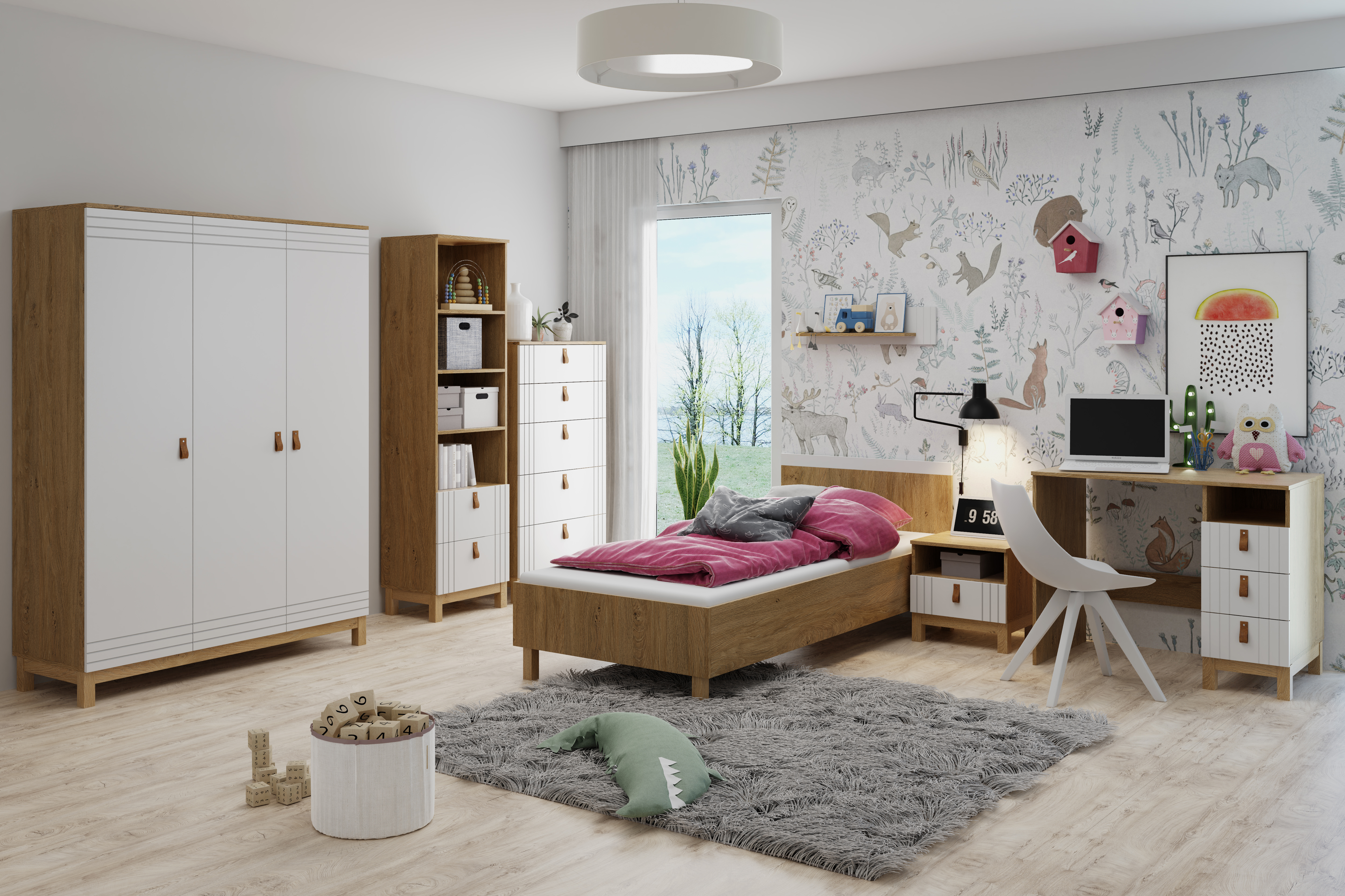 Szafka nocna z szufladą i półką MODERN 10 skórzany uchwyt - biały, dąb kamienny - BAN_MODB-10