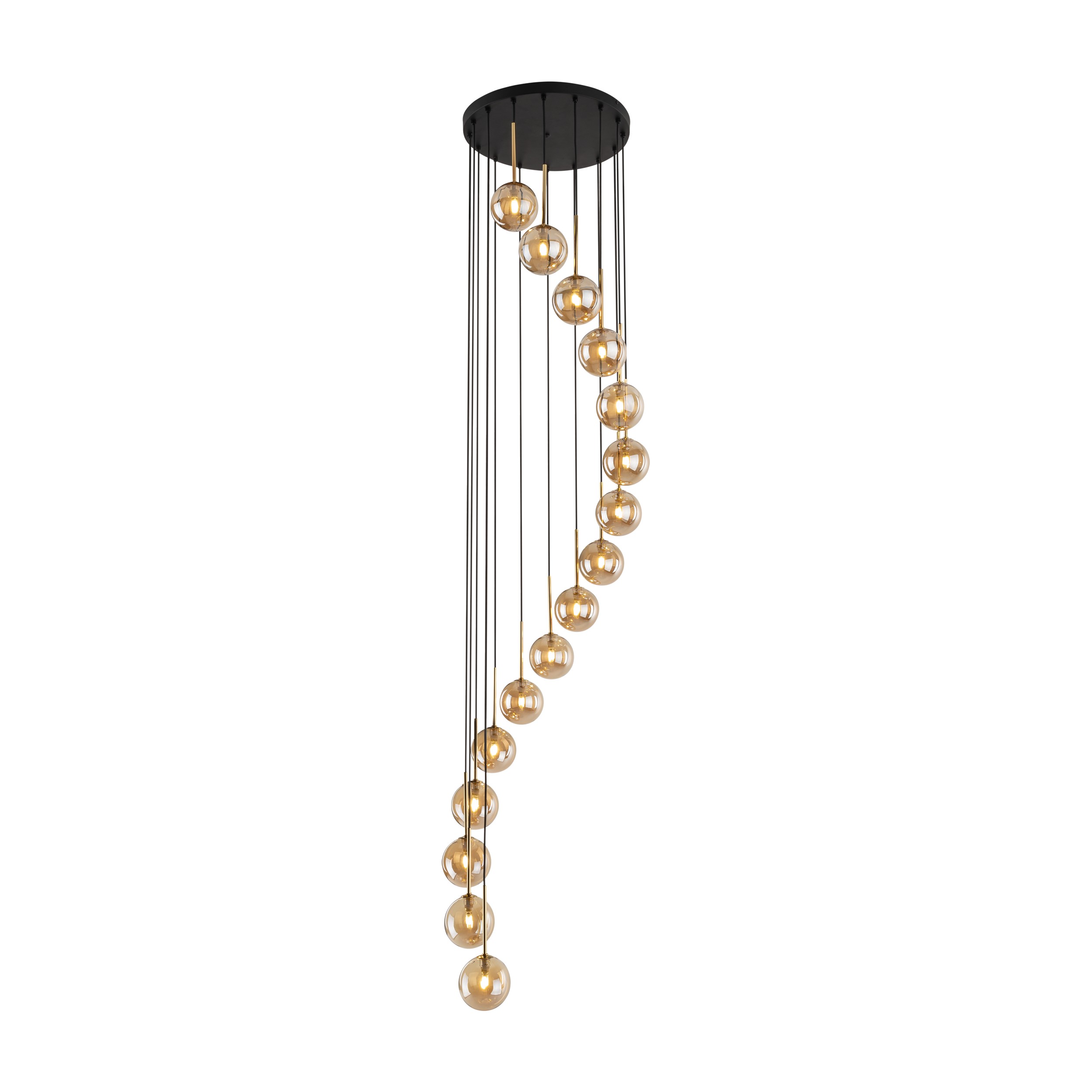 Lampa wisząca AURORA czarna ze złotymi elementami 16 bursztynowymi szklanymi kloszami 220x50cm - TK_6023