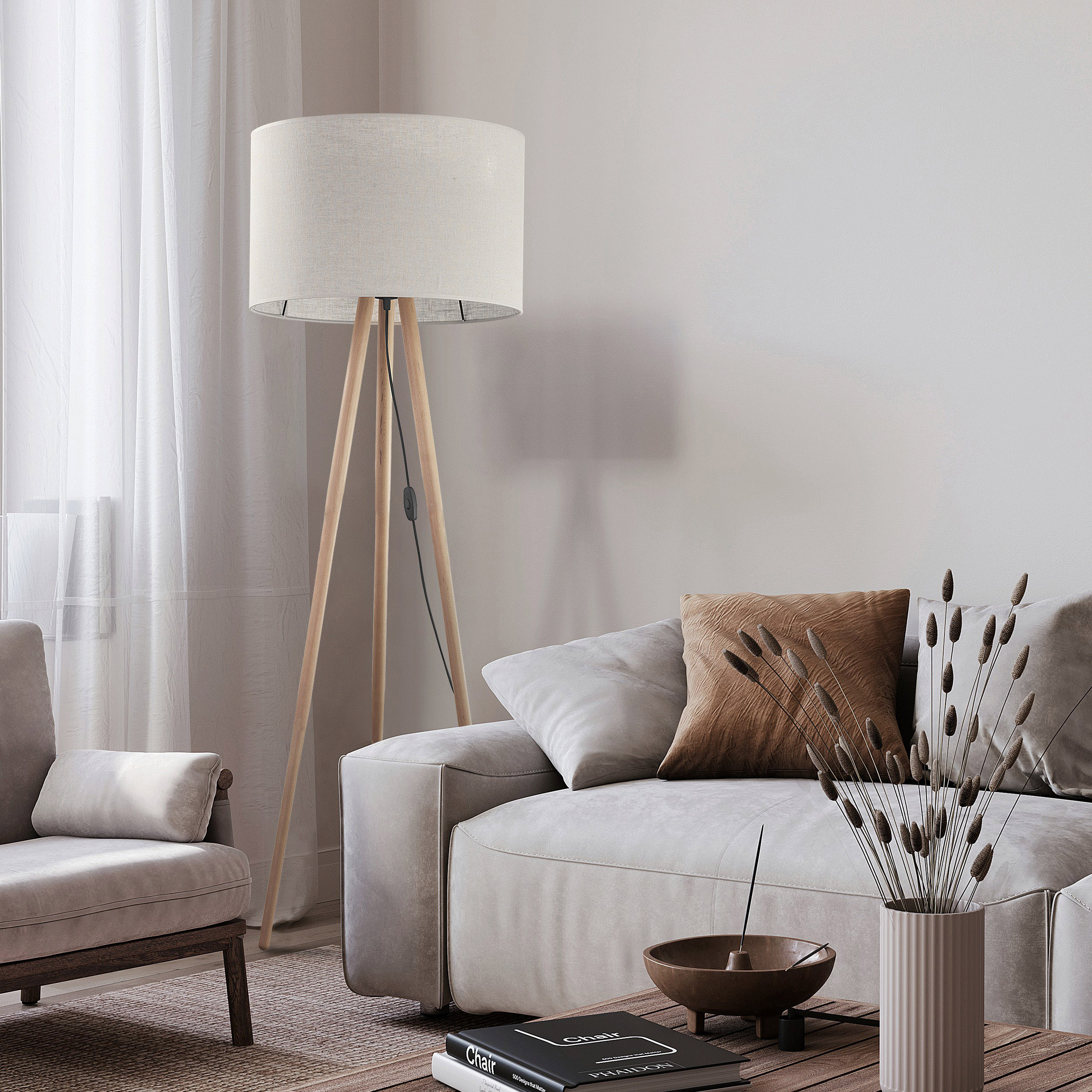 Lampa podłogowa TOKYO sosnowe postarzane nogi brązowy okrągły abażur z tkaniny 146x63cm - TK_5284