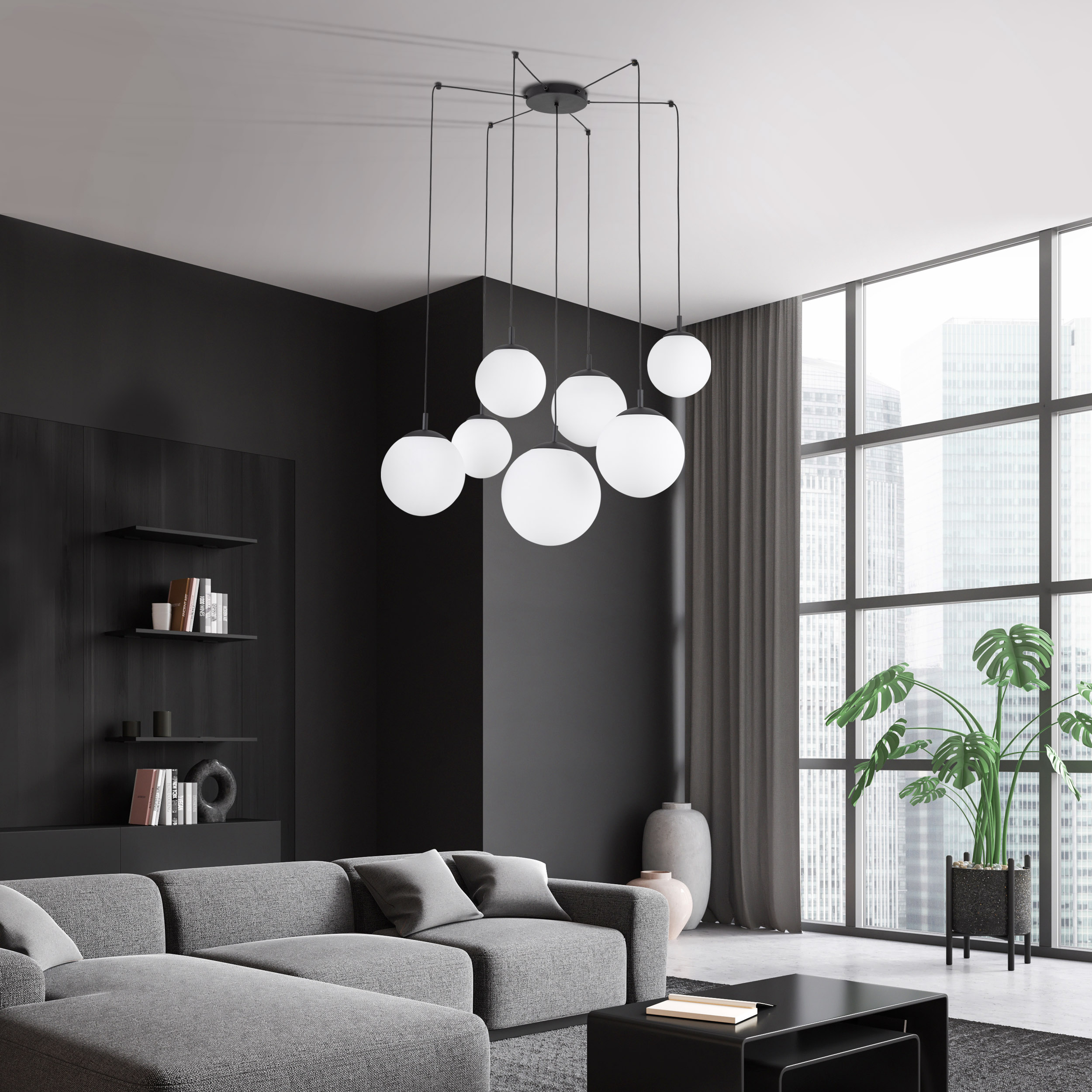 Lampa wisząca ESME czarna z białymi okrągłymi szklanymi kloszami podczepiana dodatkowo jak pająk 180cm - TK_4794