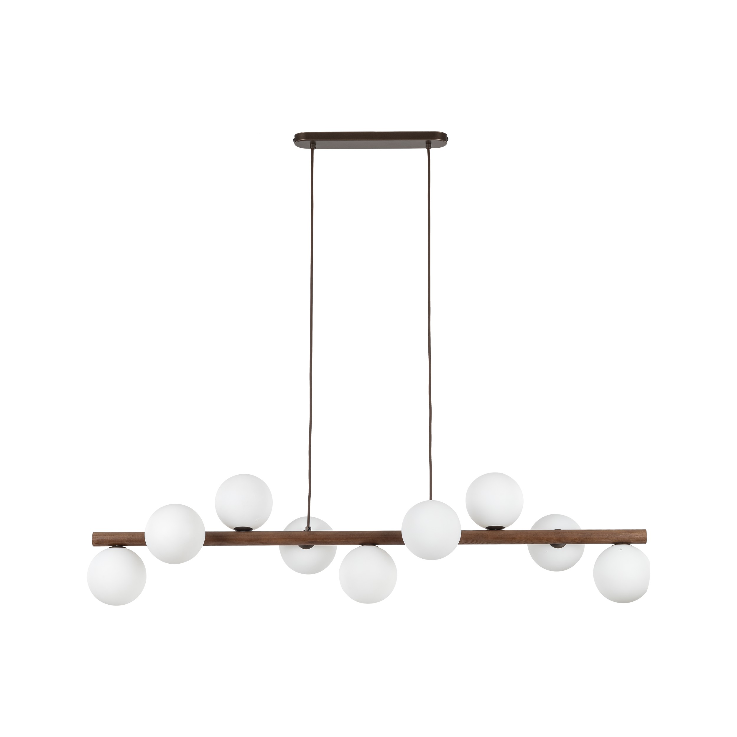Lampa wisząca ESTERA czarna z drewnianą orzechową poprzeczką białe szklane okrągłe klosze 125x90x28cm - TK_10272
