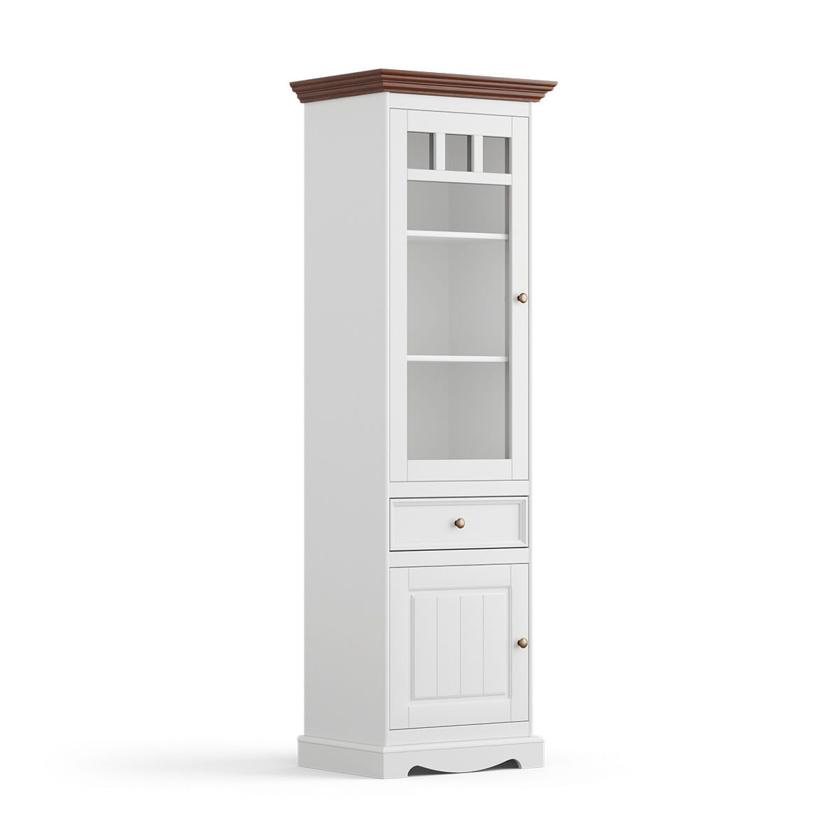 Witryna wąska BELLUNO ELEGANTE 2-drzwiowa z szufladą biała/orzech - lewa - PL014B/OL