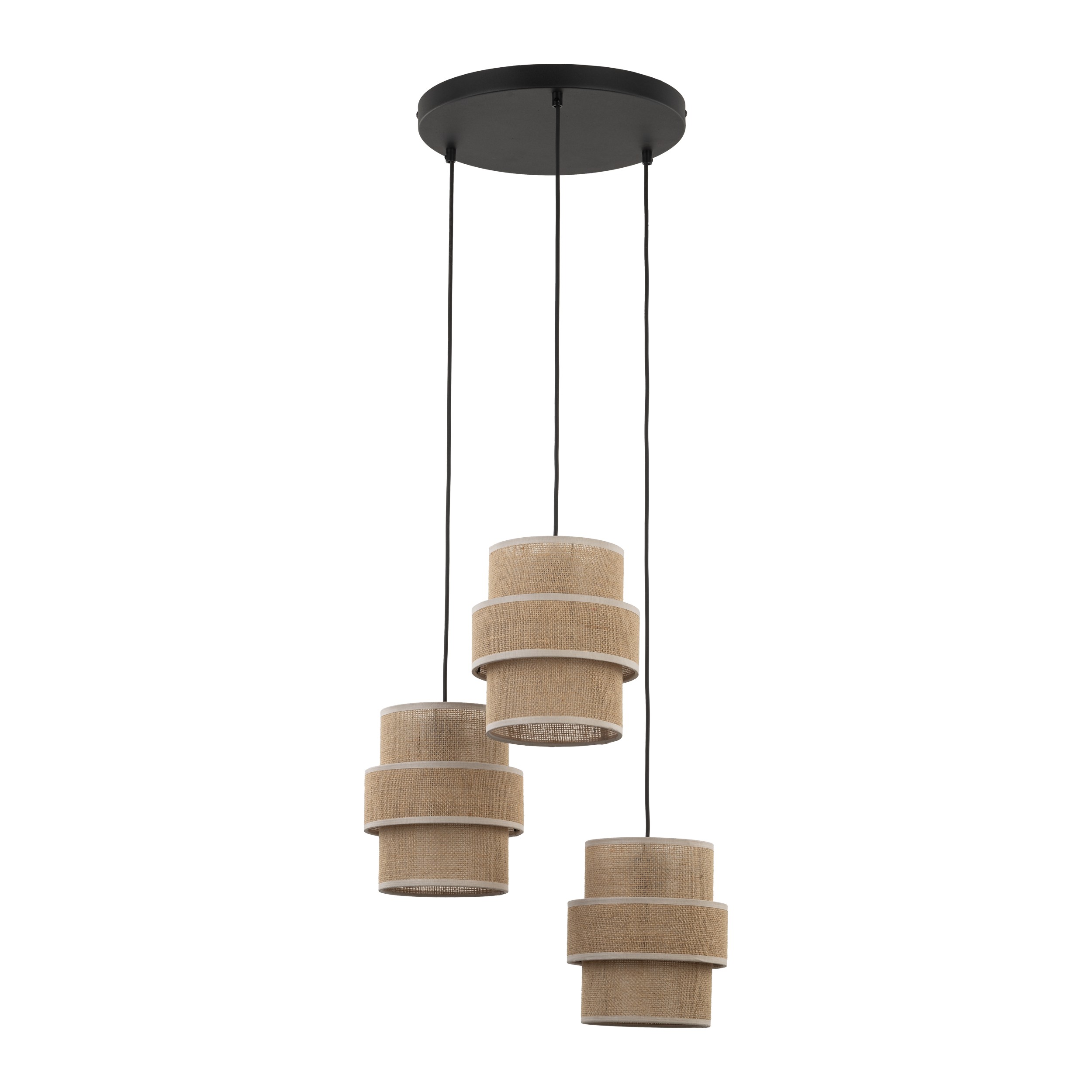 Lampa wisząca CALISTO czarna z trzema brązowymi kloszami z tkaniny juta 145x45cm - TK_6098