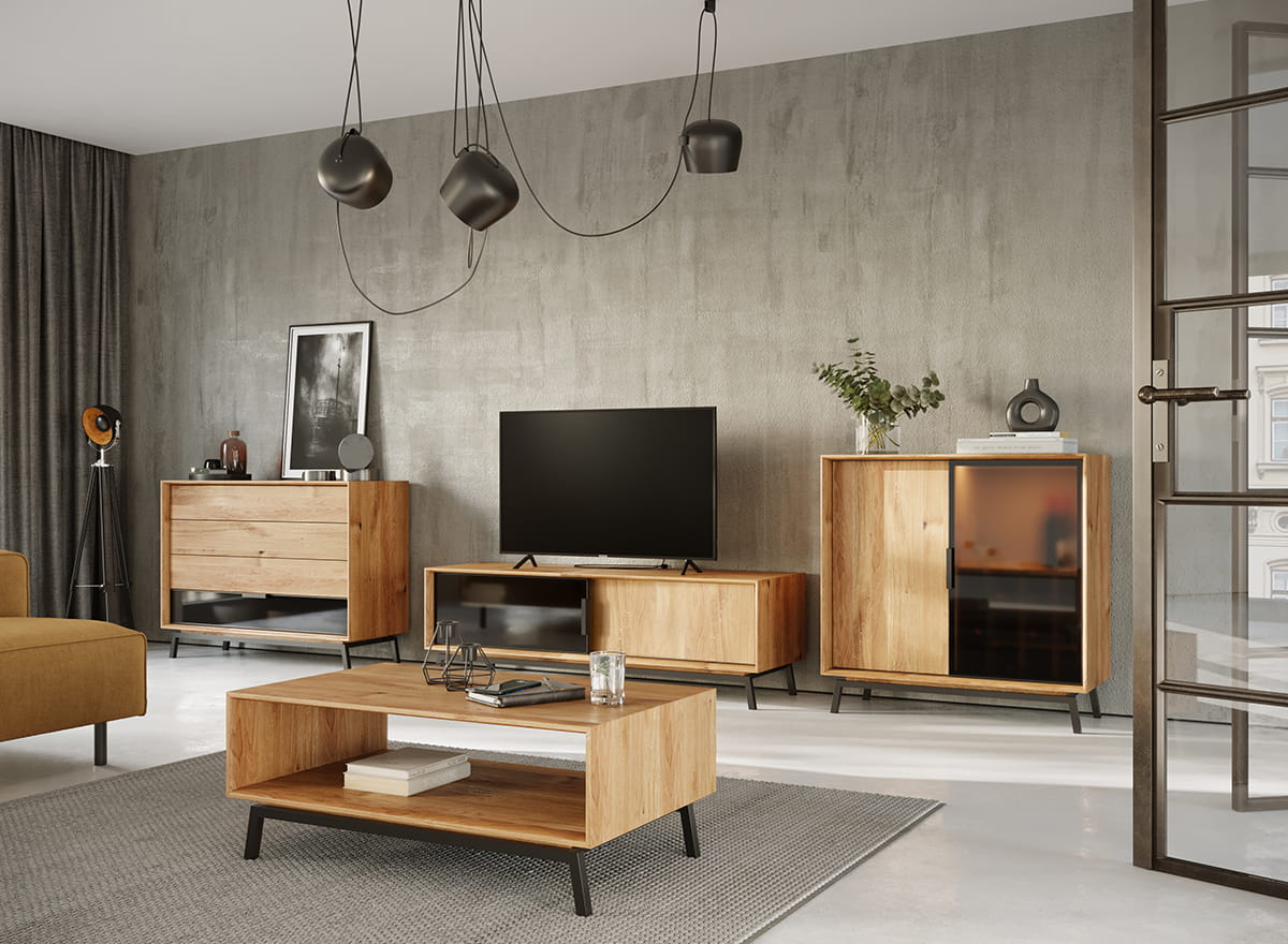 Komoda z barkiem MODERN LOFT 2-drzwiowa z przeszkleniem - dąb olejowany, czarny - PLMOL01S