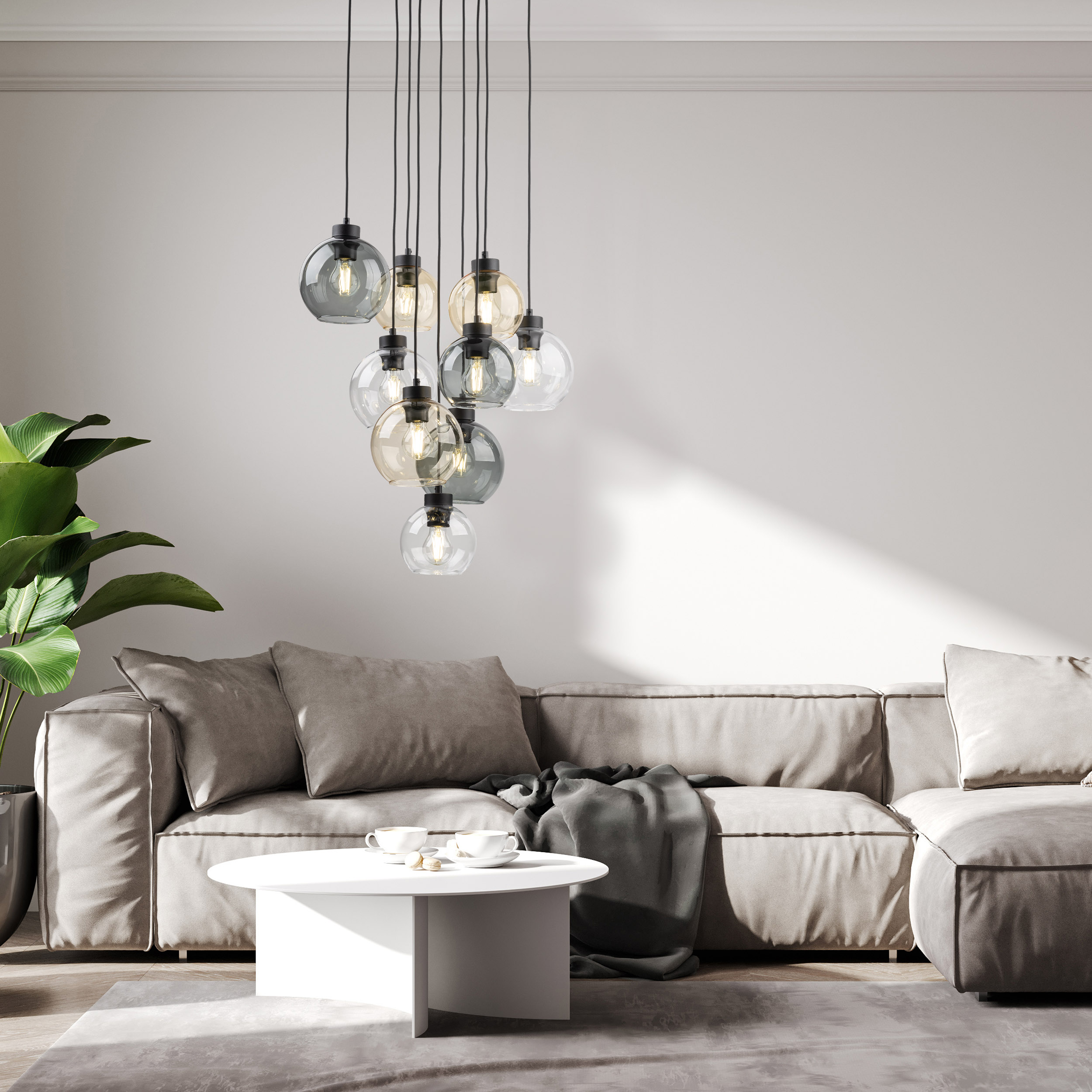 Lampa wisząca CUBUS MIX czarna z wielokolorowymi bursztynowy szary transparentny szklanymi kloszami 140x58cm - TK_10247