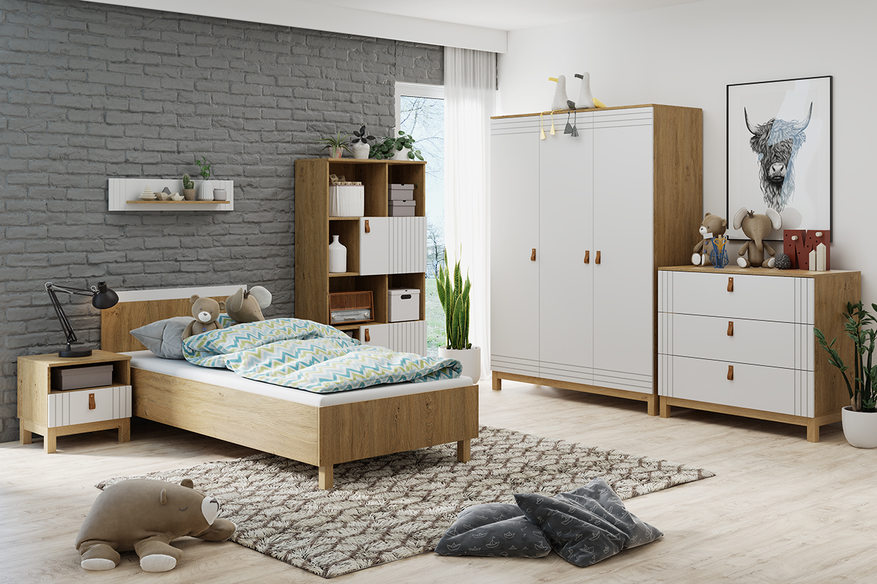 Regał niski 2-drzwiowy MODERN 4 skórzane uchwyty - biały, dąb kamienny - BAN_MODB-4