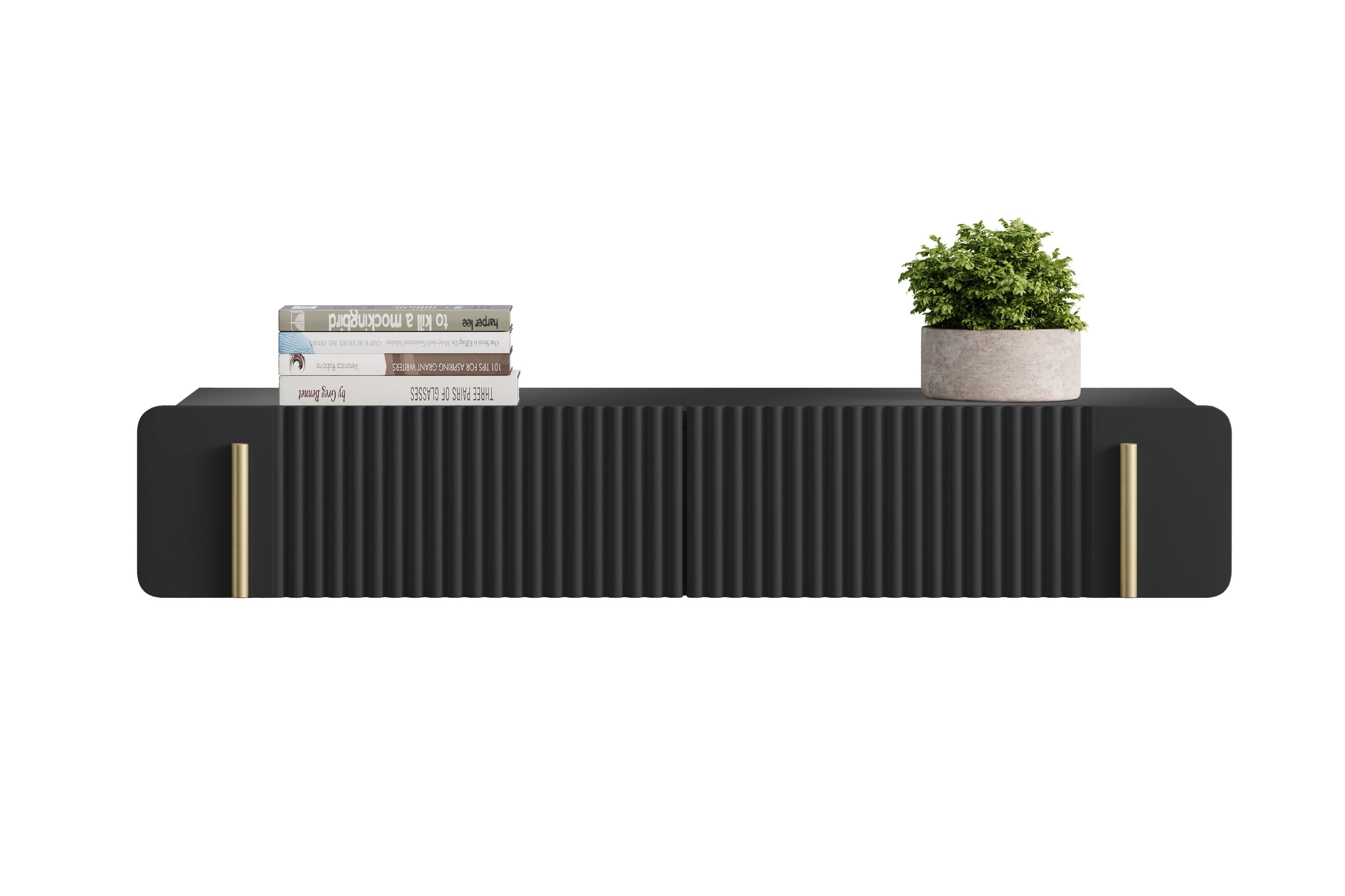Toaletka wisząca z 2 szufladami MALMI ryflowany front 100cm - czarna - złota - B_166960