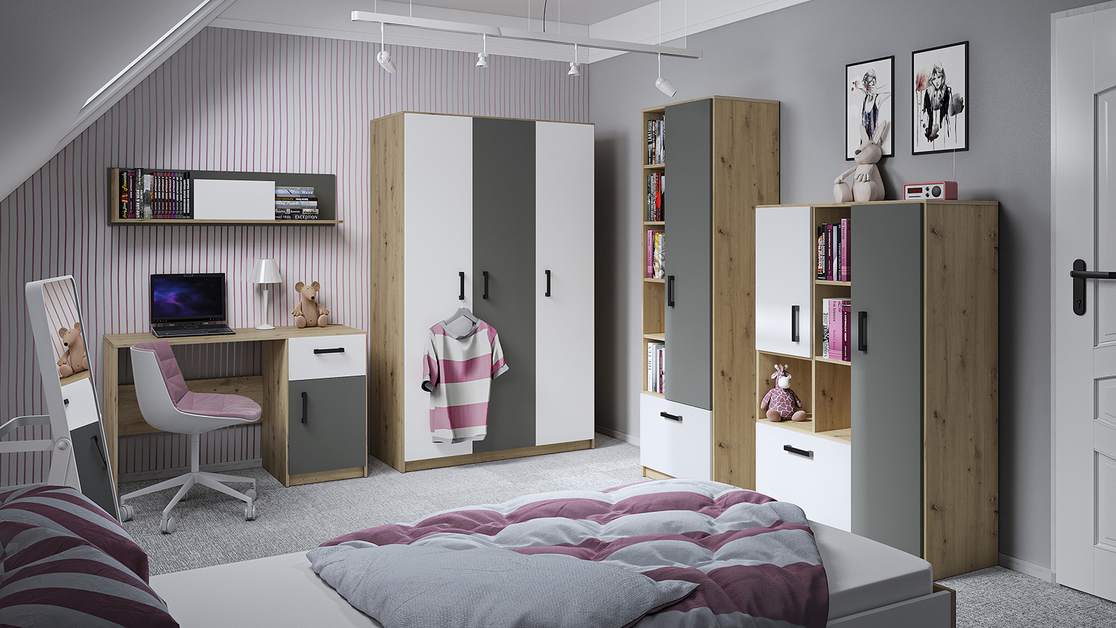 Biurko młodzieżowe FINI 08 biały, antracyt, dąb artisan - 1FINI08-001