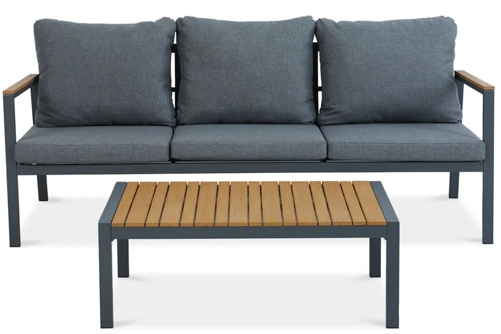 Zestaw EDISON CAFFE 3-osobowa sofa + 2 fotele + stolik kawowy - ciemnoszary, efekt drewna - FG007289