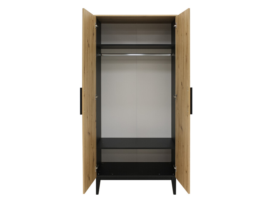 Szafa 2-drzwiowa z drążkiem i 2 półkami XENA 1 - szer.90cm - efekt dębu, czarny - BAN_XEN-1