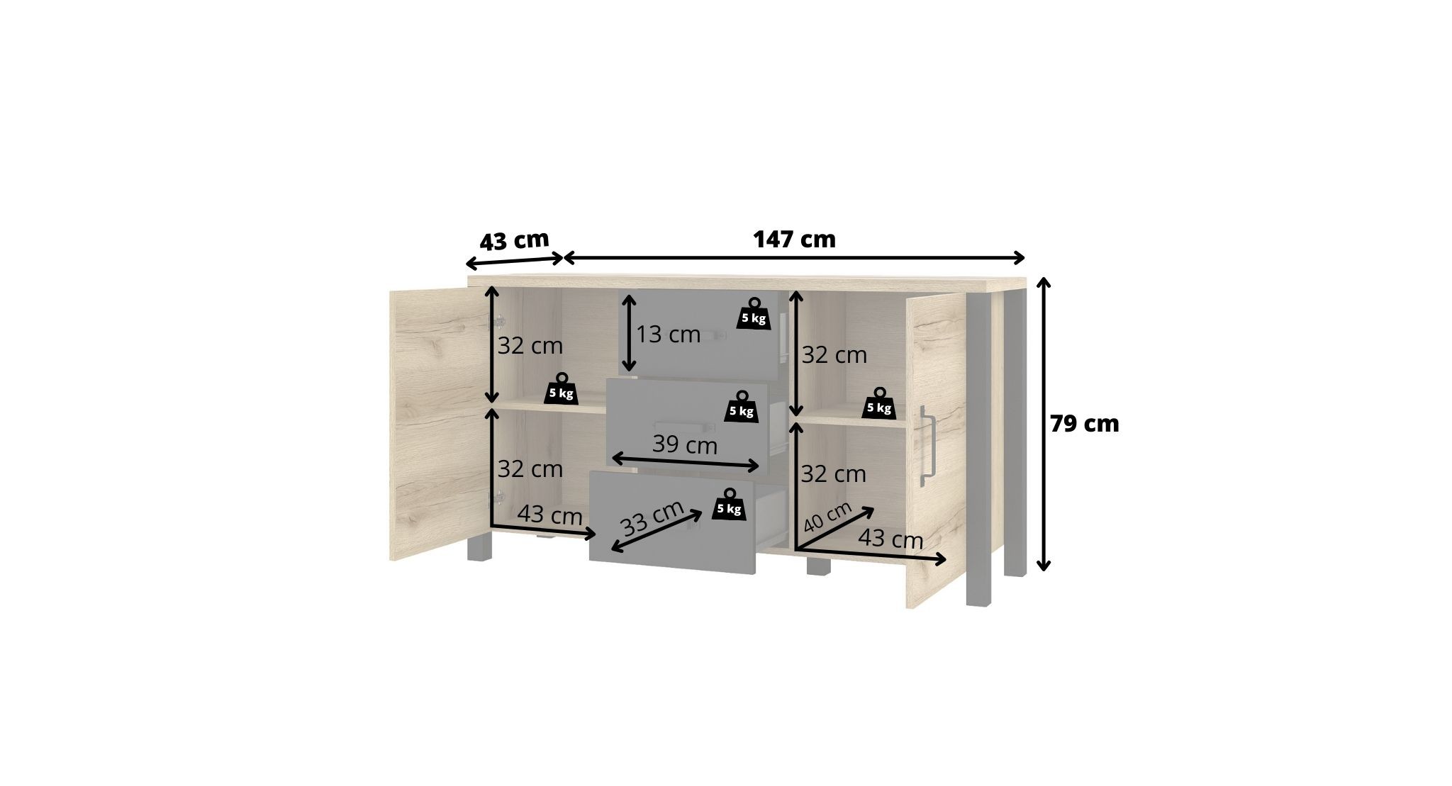 Komoda OLIN 26 2-drzwiowa z szufladami czarna dąb grand naturalny 147x79x43cm - 24NWJC26