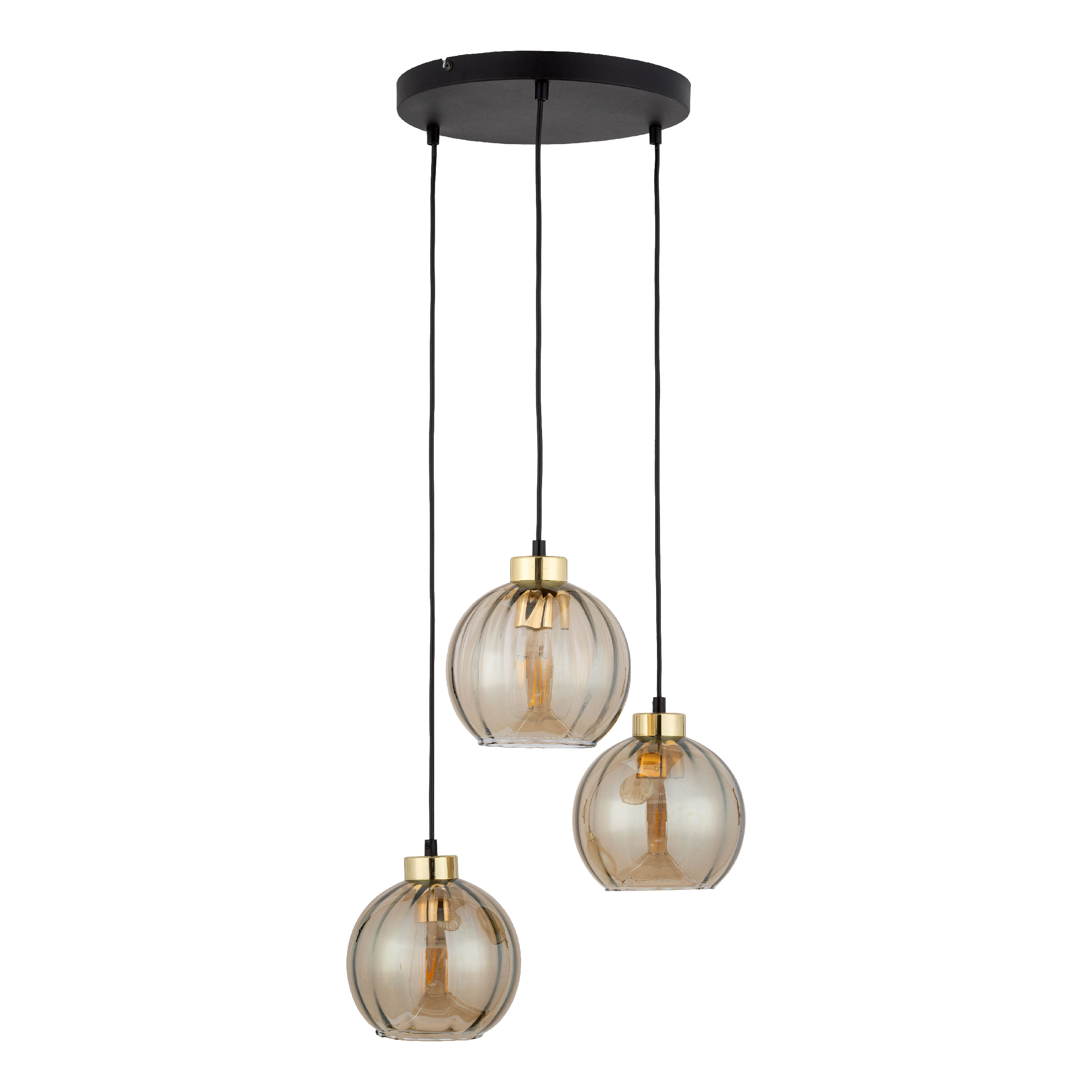Lampa wisząca DEVI czarna ze złotymi elementami bursztynowymi szklanymi kloszami 95x37x35cm - TK_4637