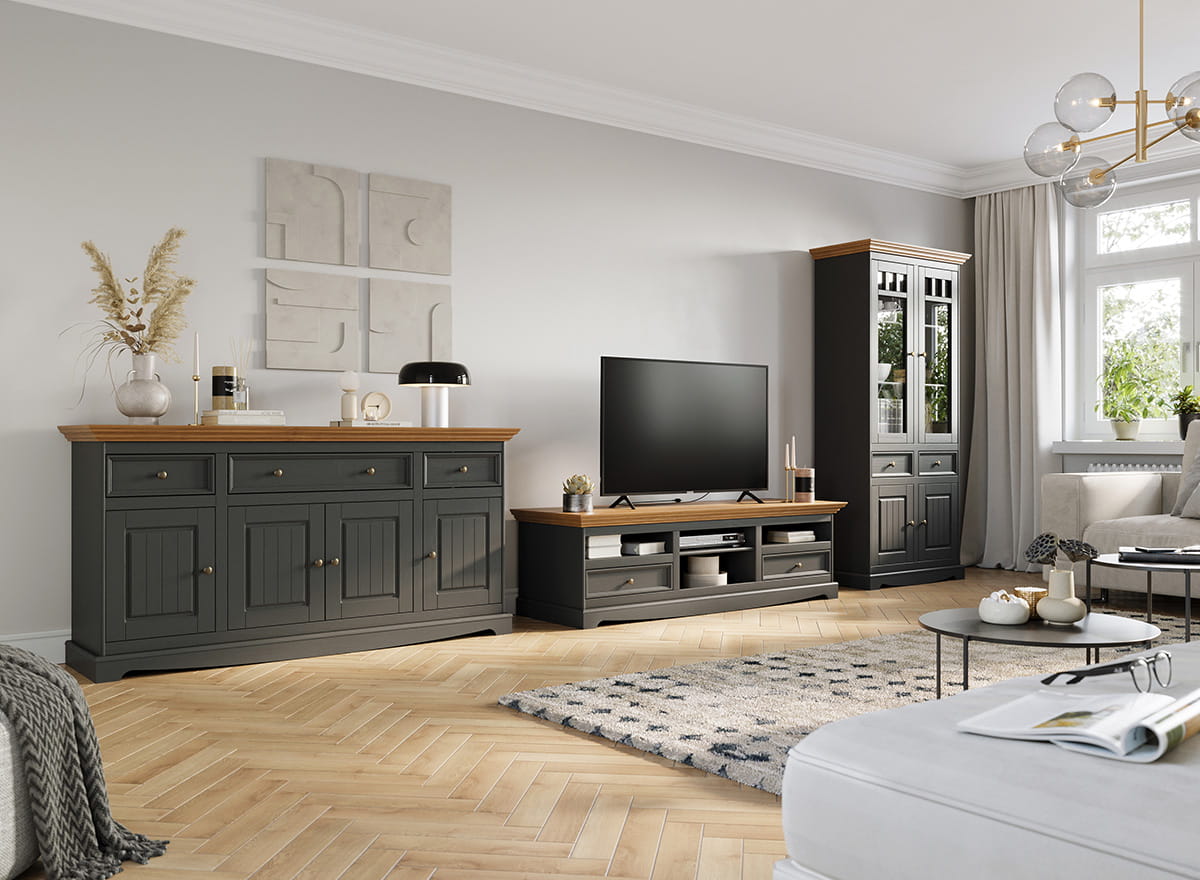 Witryna niska BELLUNO ELEGANTE 1-drzwiowa z 3 szufladami grafit – dąb - PL017G/D