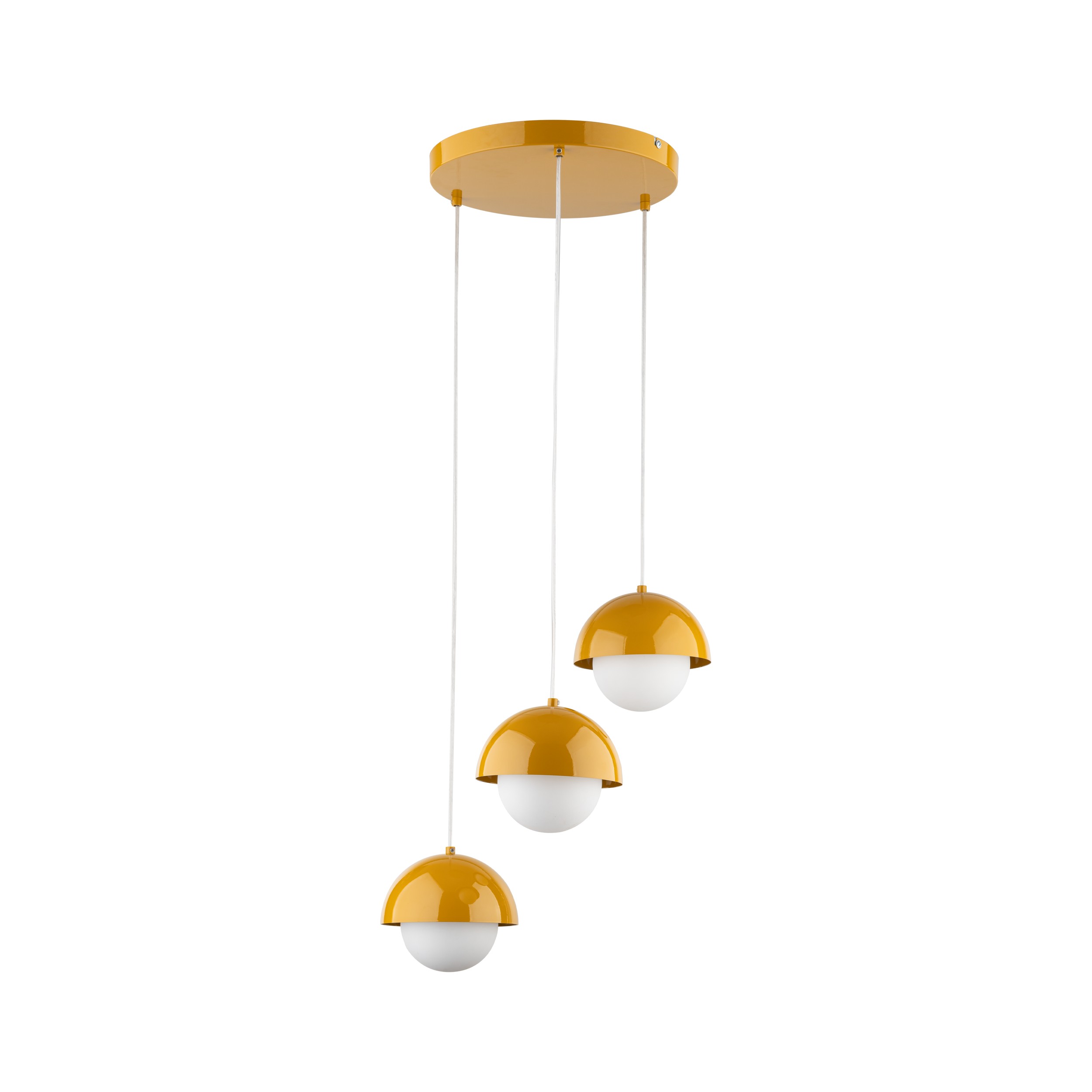 Lampa wisząca BONO żółta z białymi okrągłymi szklanymi kloszami na białych przewodach i okrągłej podstawie 140x31cm