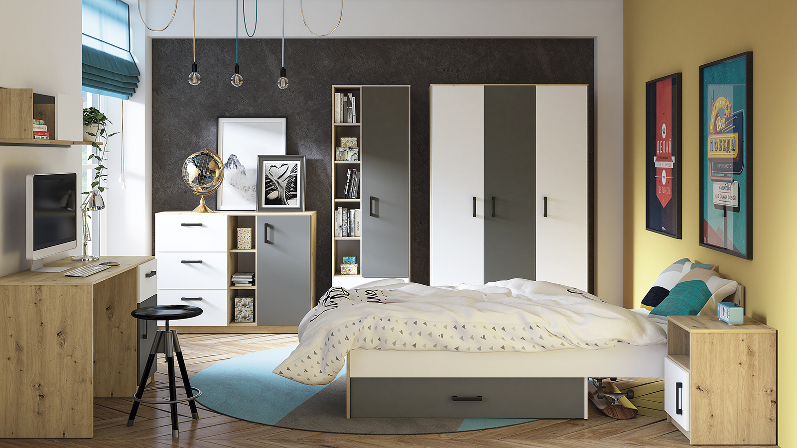 Biurko młodzieżowe FINI 08 biały, antracyt, dąb artisan - 1FINI08-001