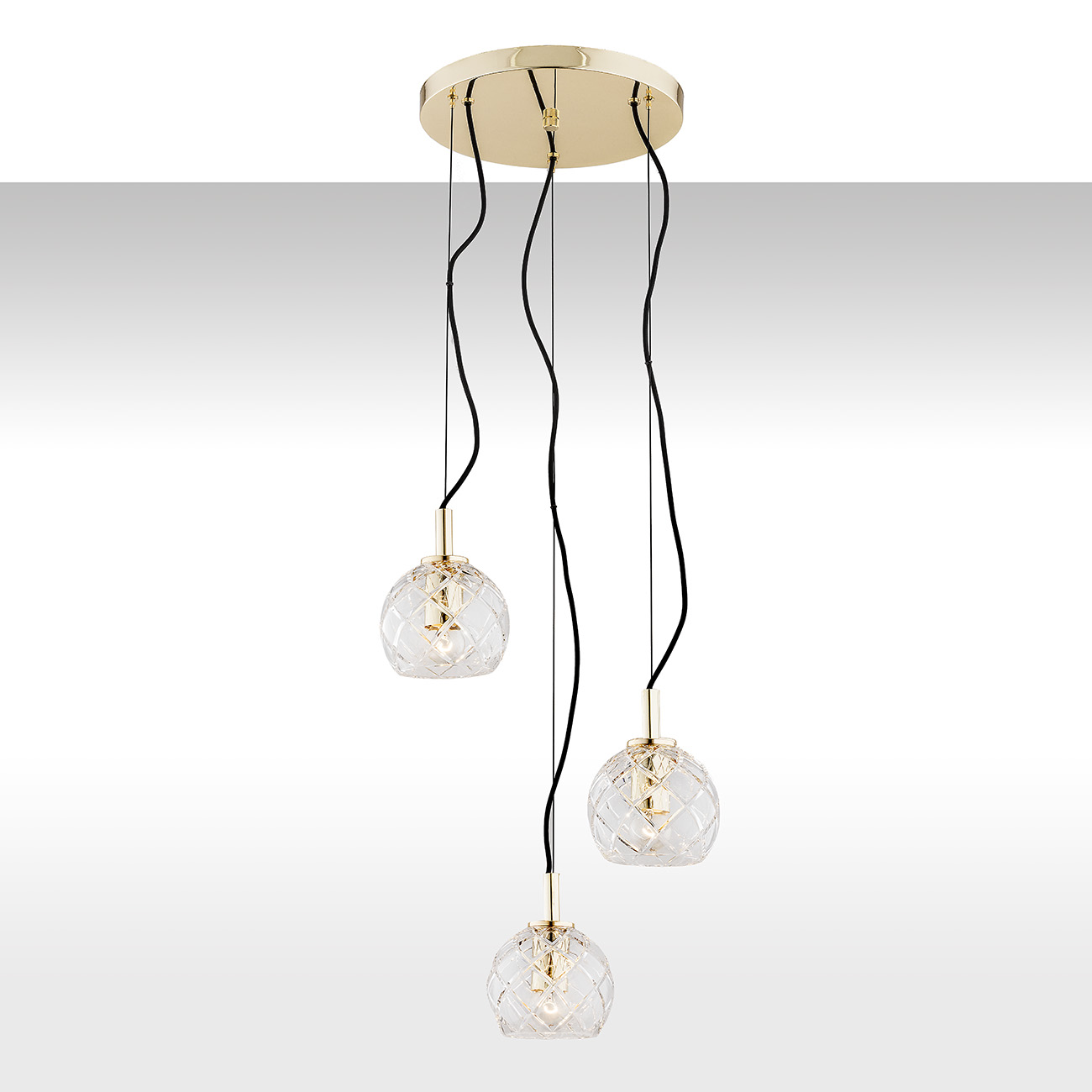 Lampa wisząca OVIEDO mosiądz transparentne kryształowe klosze na czarnych przewodach 165x40cm