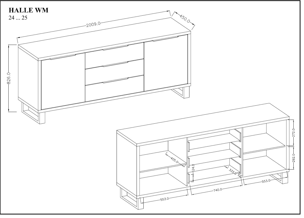 Komoda HALLE 25 dwudrzwiowa z szufladami dąb wotan czarne uchwyty i nogi 201x83x45cm - 24N0HK25