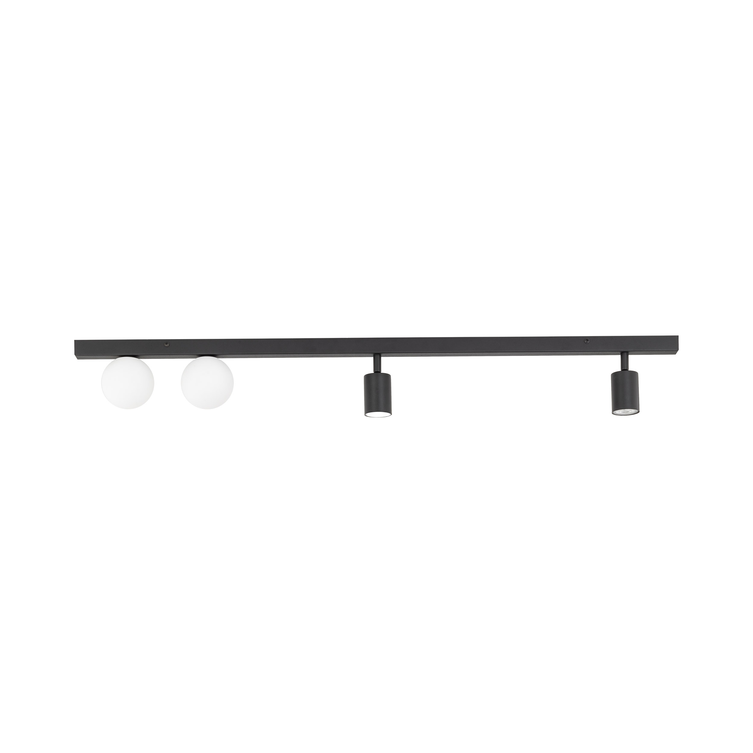 Lampa sufitowa VOX czarna z regulowanymi halogenami oraz białymi okrągłymi szklanymi kloszami 115x15x14cm - TK_10002