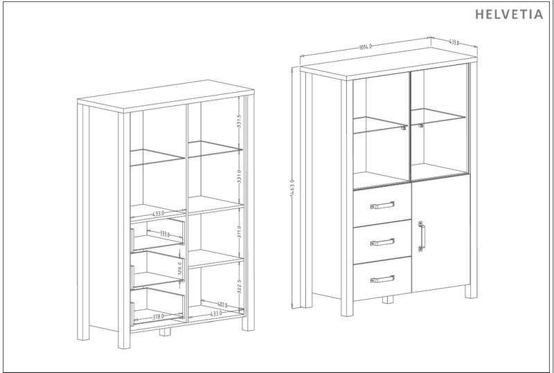 Witryna OLIN 44 3-drzwiowa z szufladami czarna appenzeller fichte 146x101x46cm - 24ABJC44