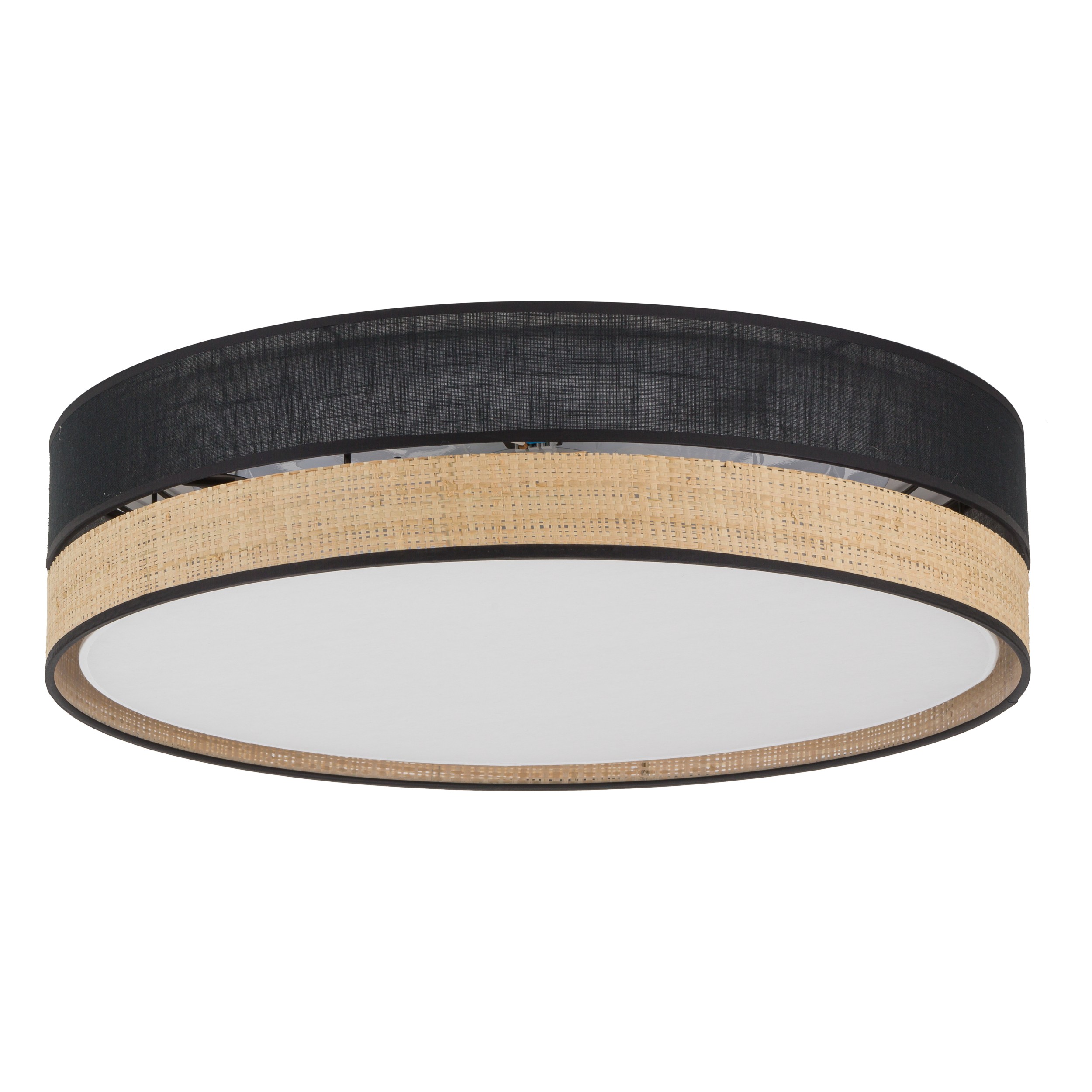 Lampa sufitowa PAGLIA czarna z elementem z tkaniny plecionki i białym kloszem okrągła 45x15cm