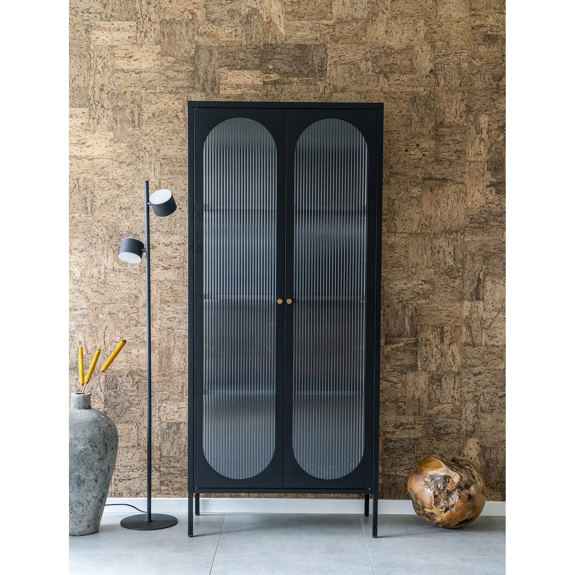 Witryna wysoka ADELAIDE 2-drzwiowa, falowane szkło 80x35x180 cm - czarna - 3001200
